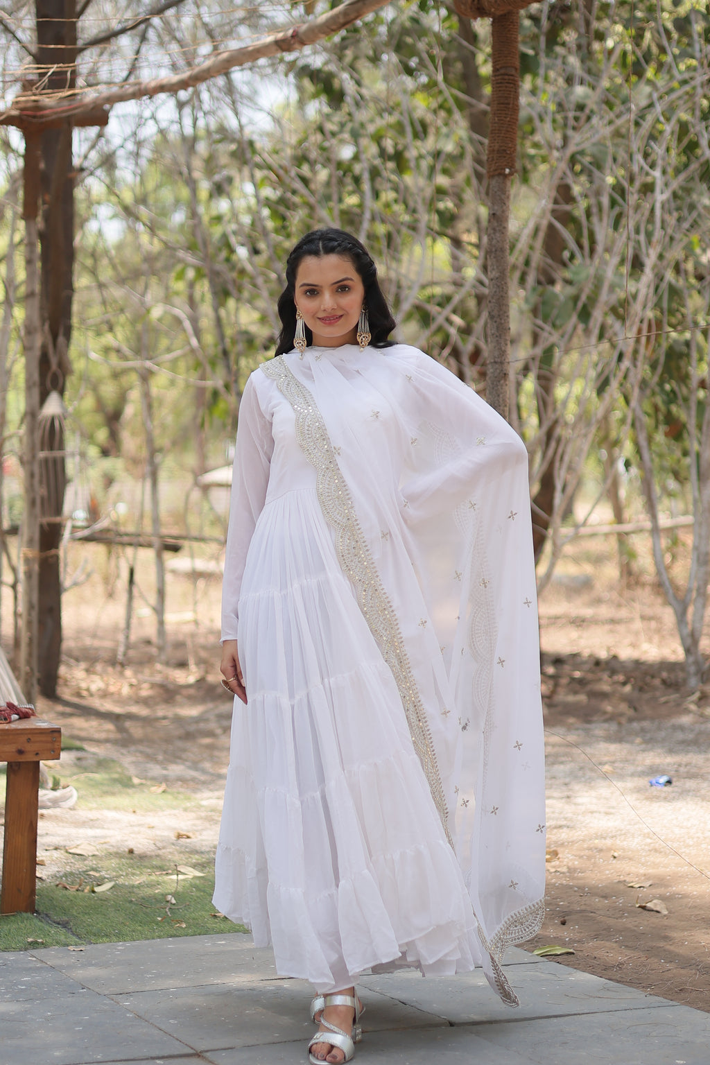 Women Georgette white Sequence embroidery Work Kurta Set