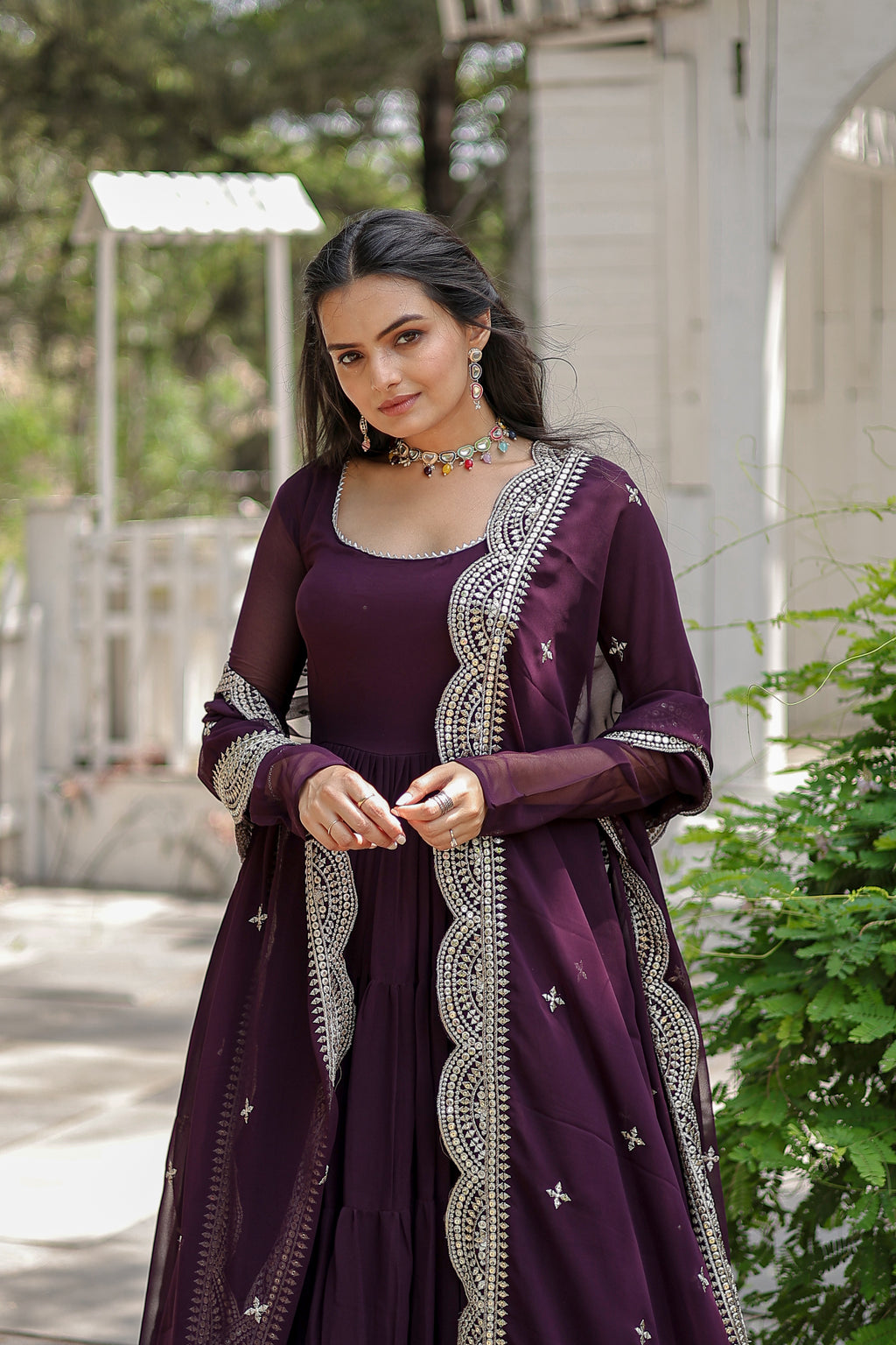 Women Georgette wine Sequence embroidery Work Kurta Set