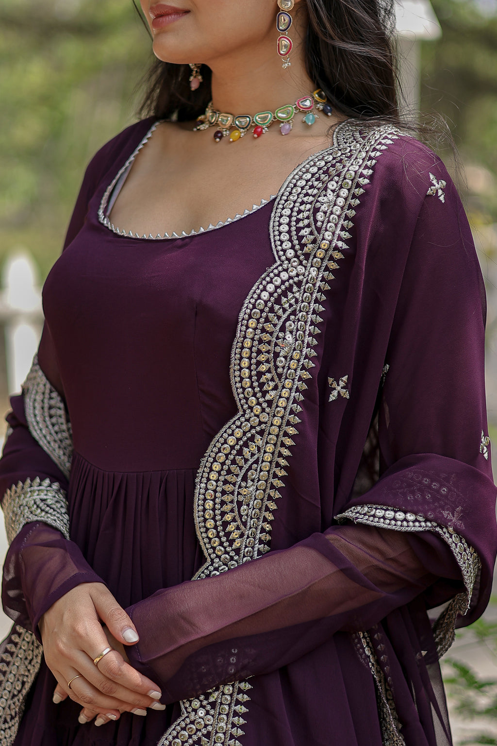 Women Georgette wine Sequence embroidery Work Kurta Set