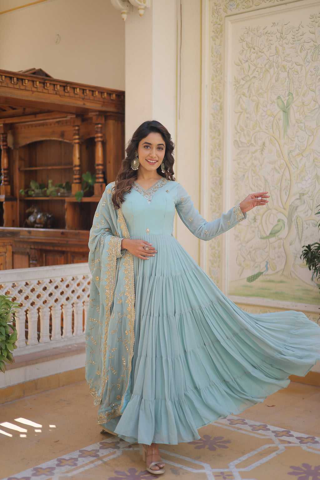 Women Georgette Sky blue Sequence embroidery Work Kurta Set