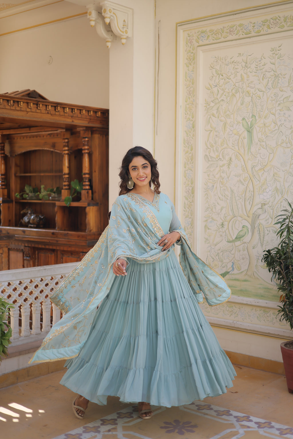 Women Georgette Sky blue Sequence embroidery Work Kurta Set