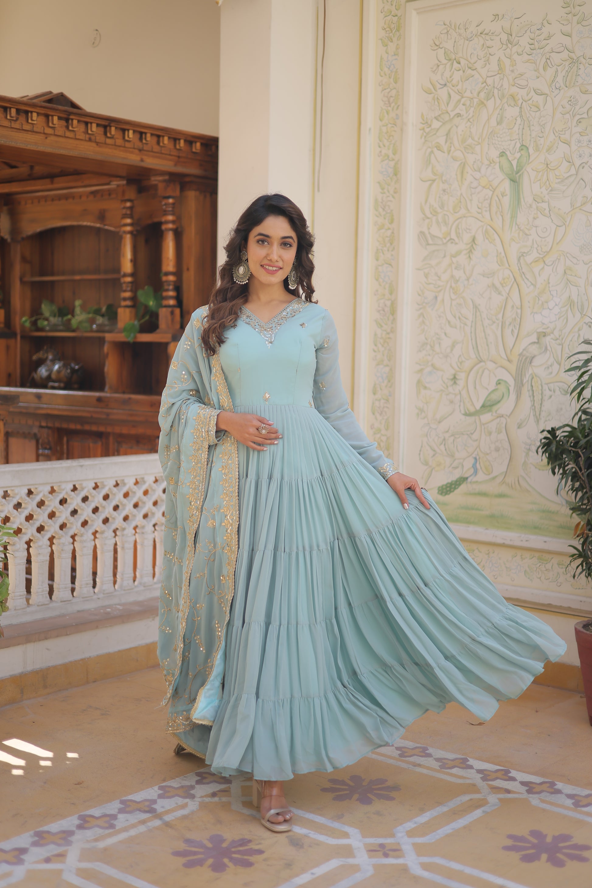 Women Georgette Sky blue Sequence embroidery Work Kurta Set