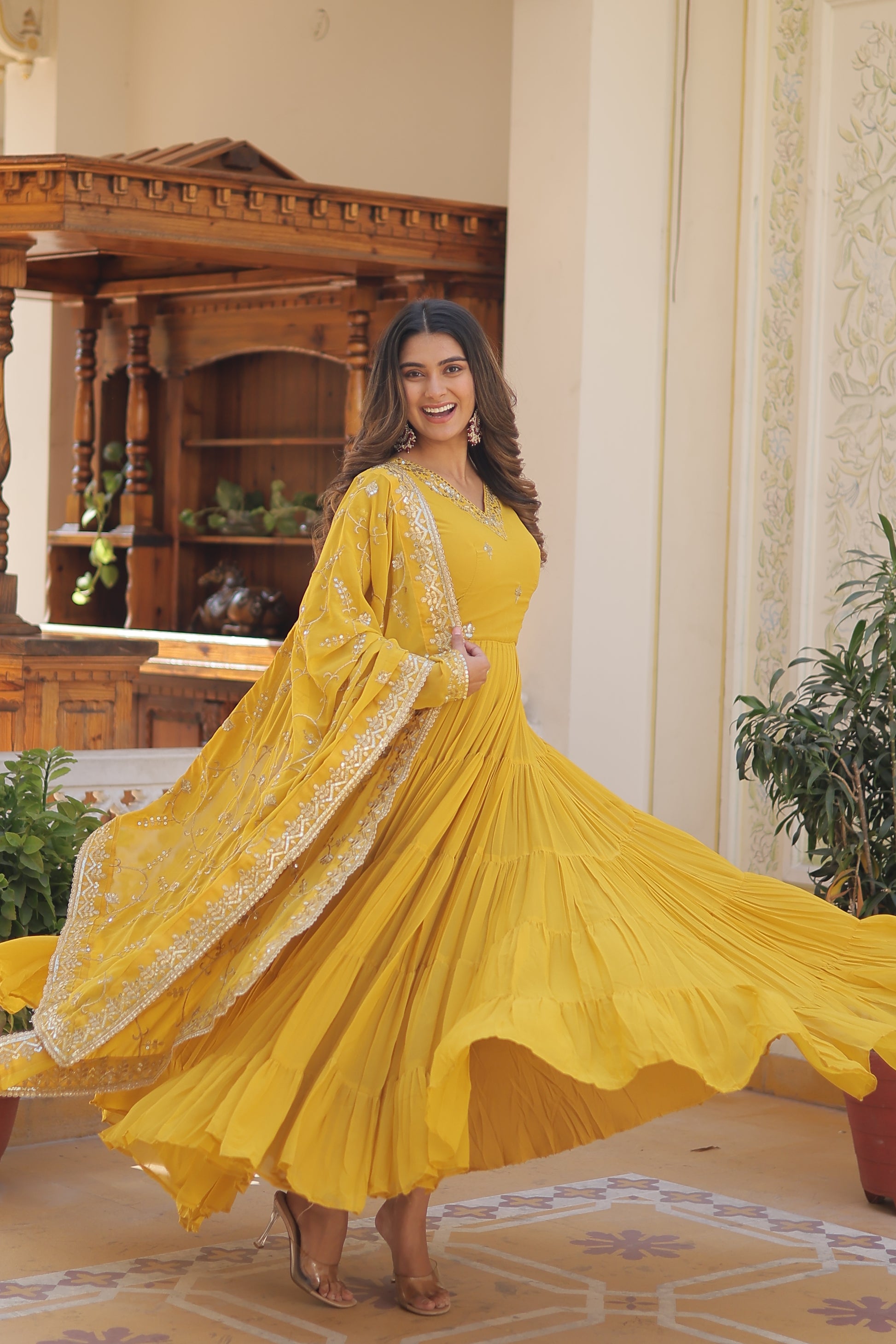 Women Georgette Yellow Sequence embroidery Work Kurta Set