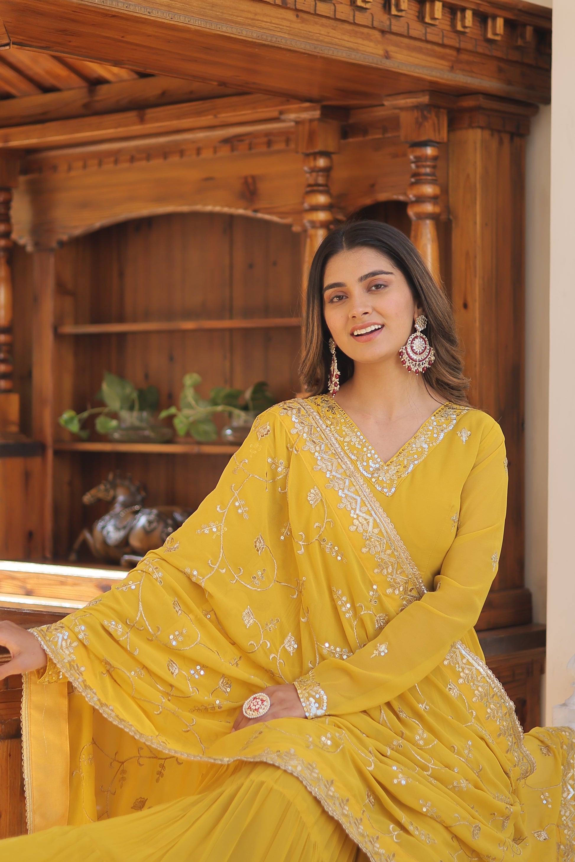 Women Georgette Yellow Sequence embroidery Work Kurta Set