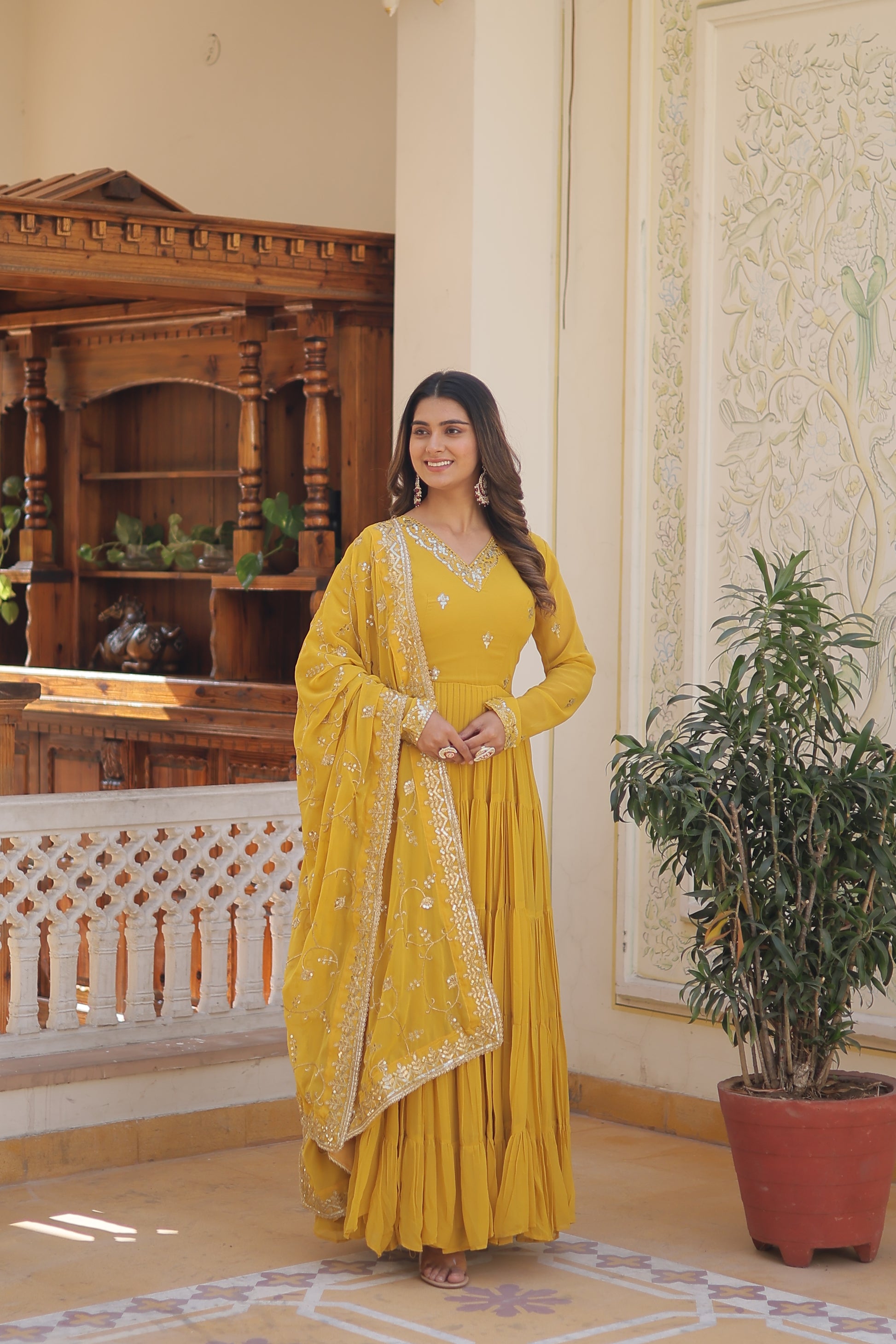 Women Georgette Yellow Sequence embroidery Work Kurta Set