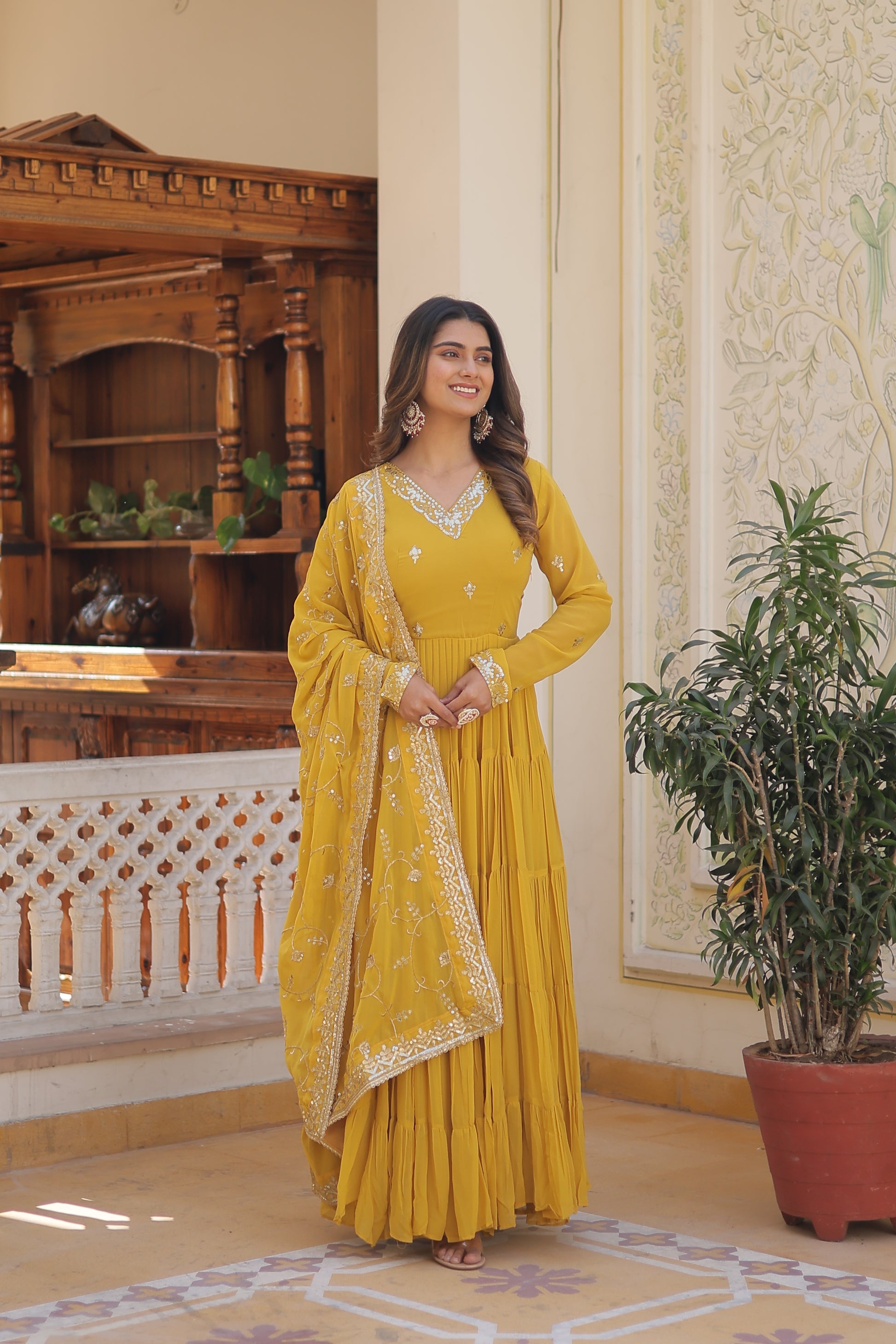 Women Georgette Yellow Sequence embroidery Work Kurta Set