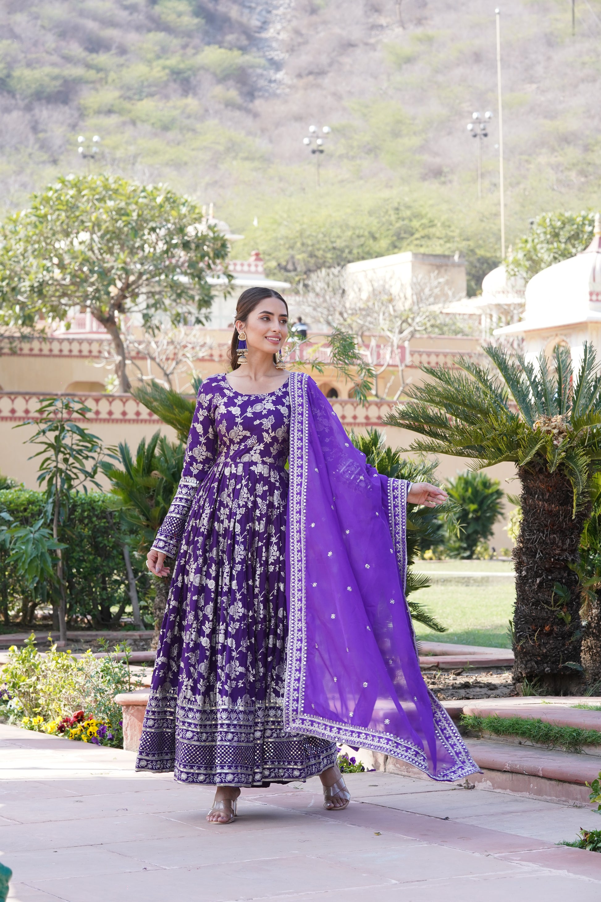 Women Viscose Jacquard Purple Sequence embroidery work Kurta Set