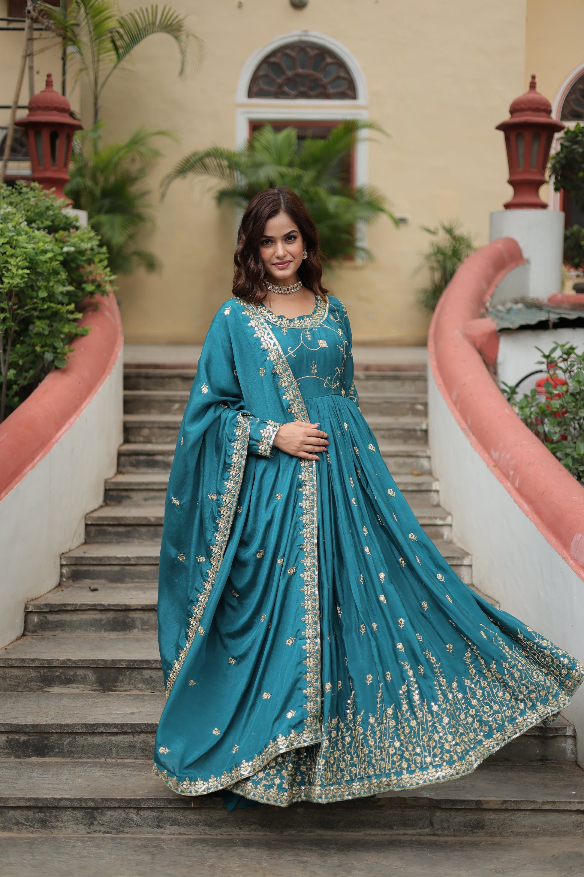 Women Chinon Teal Blue Sequence embroidery work Kurta Set