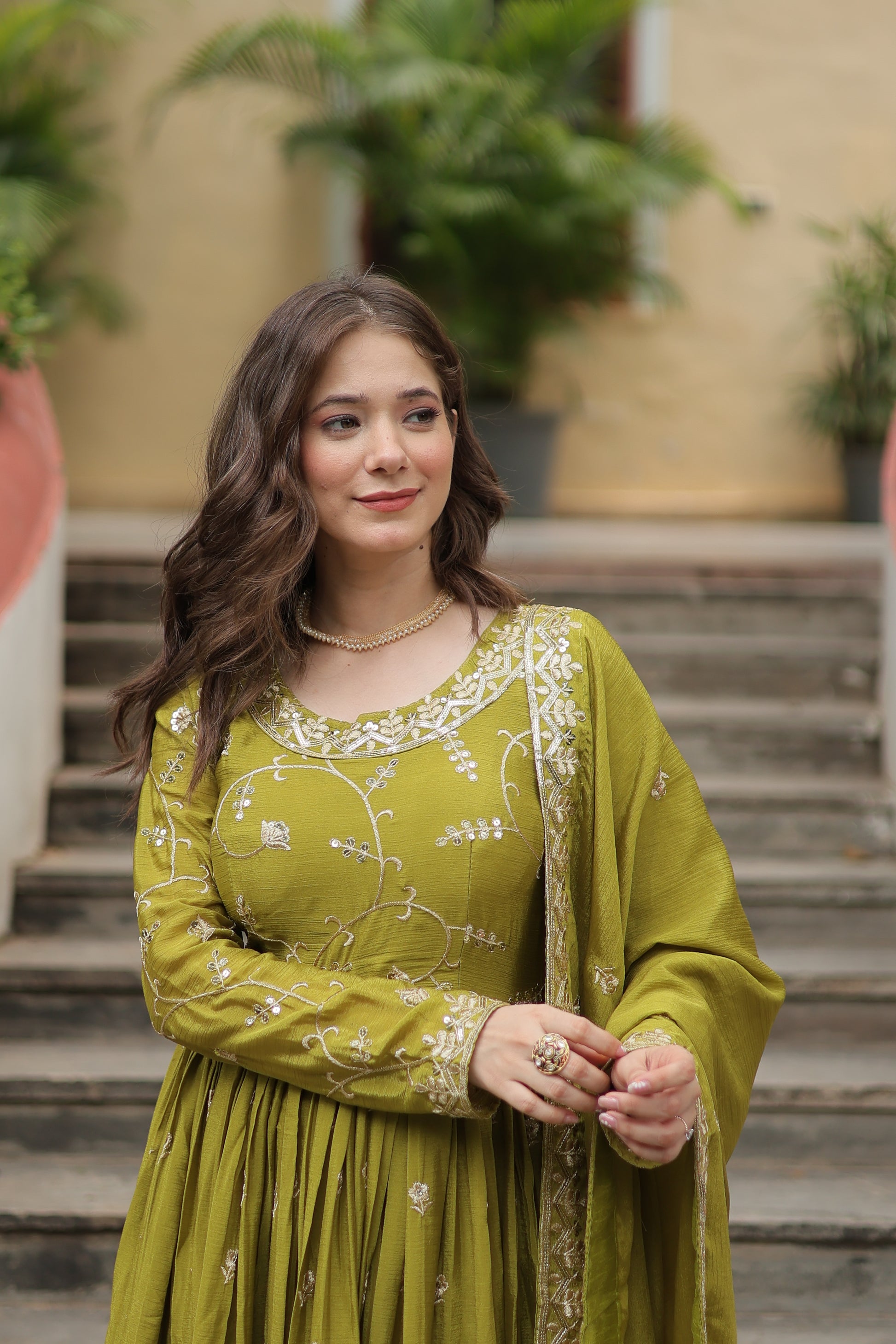 Women Chinon Pista Sequence embroidery work Kurta Set