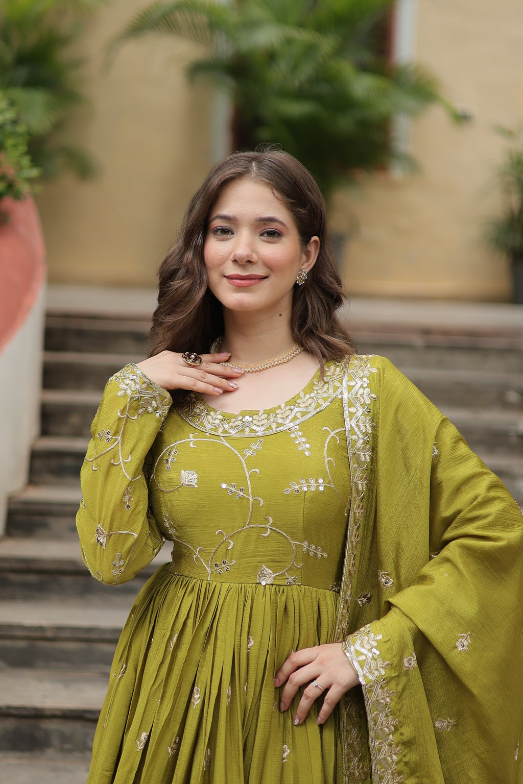 Women Chinon Pista Sequence embroidery work Kurta Set