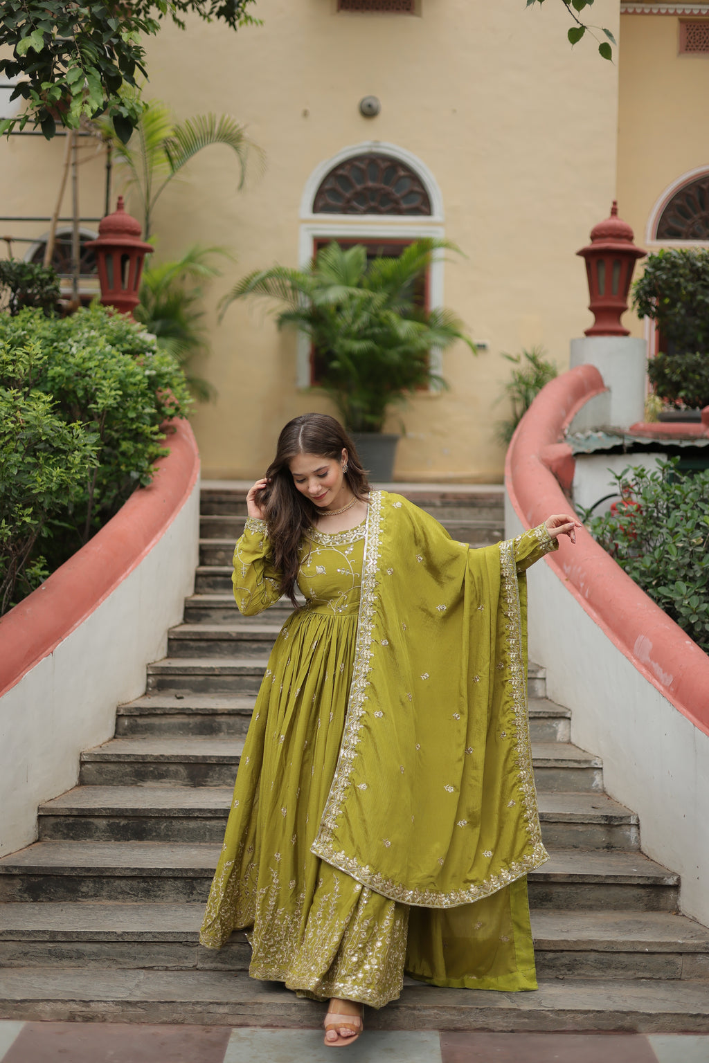Women Chinon Pista Sequence embroidery work Kurta Set