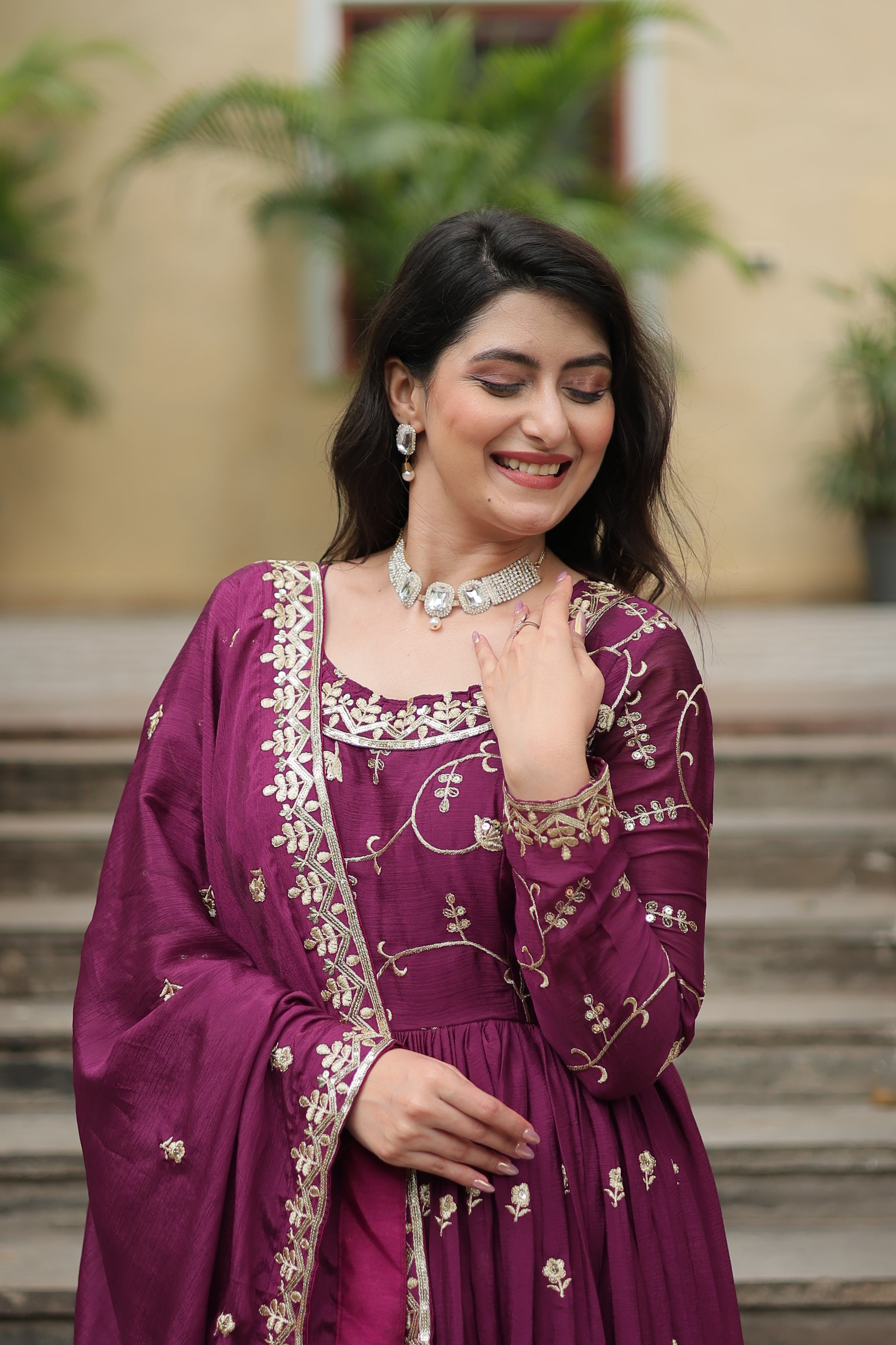 Women Chinnon Wine Sequence embroidery work Kurta Set