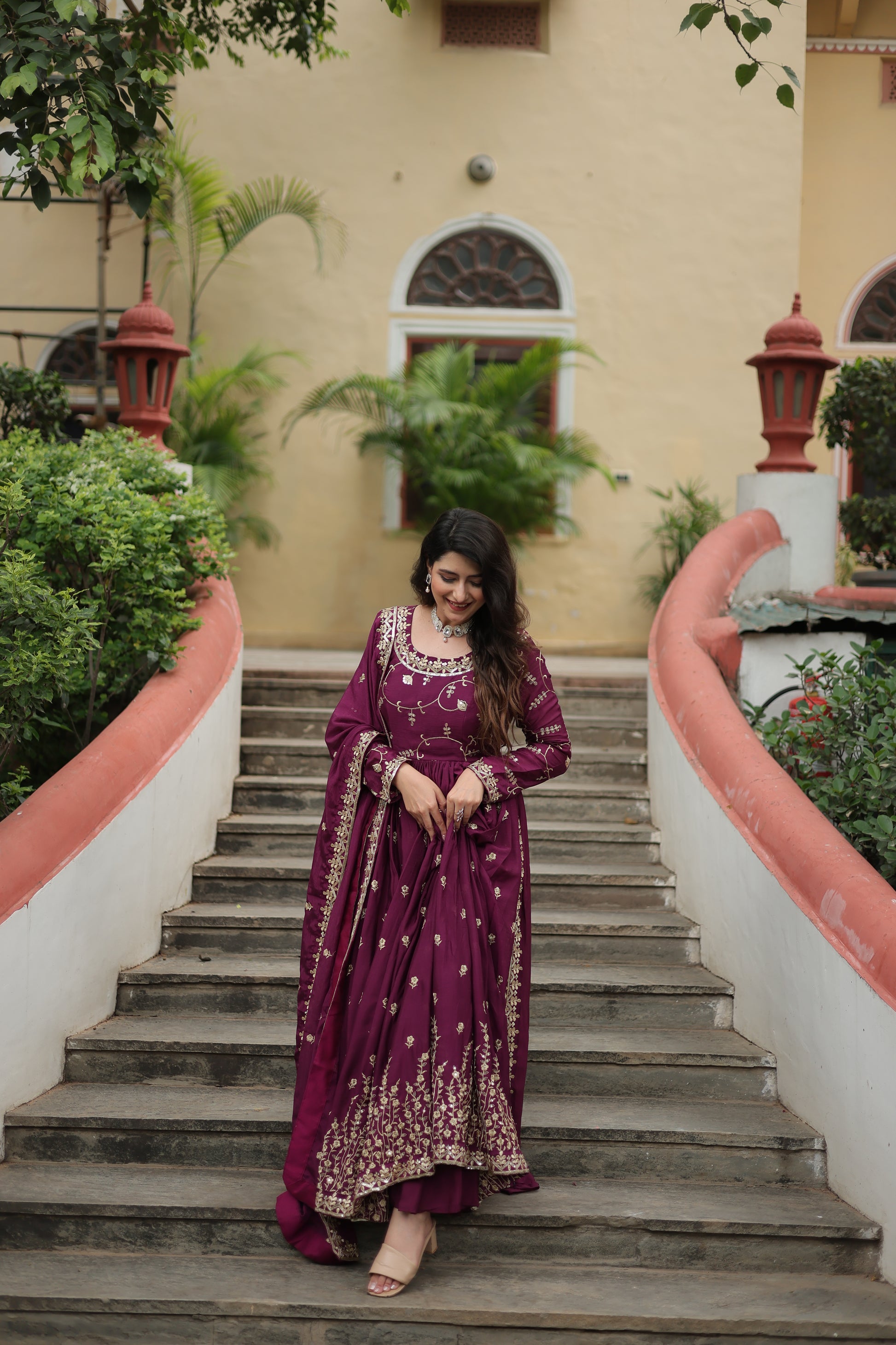 Women Chinnon Wine Sequence embroidery work Kurta Set