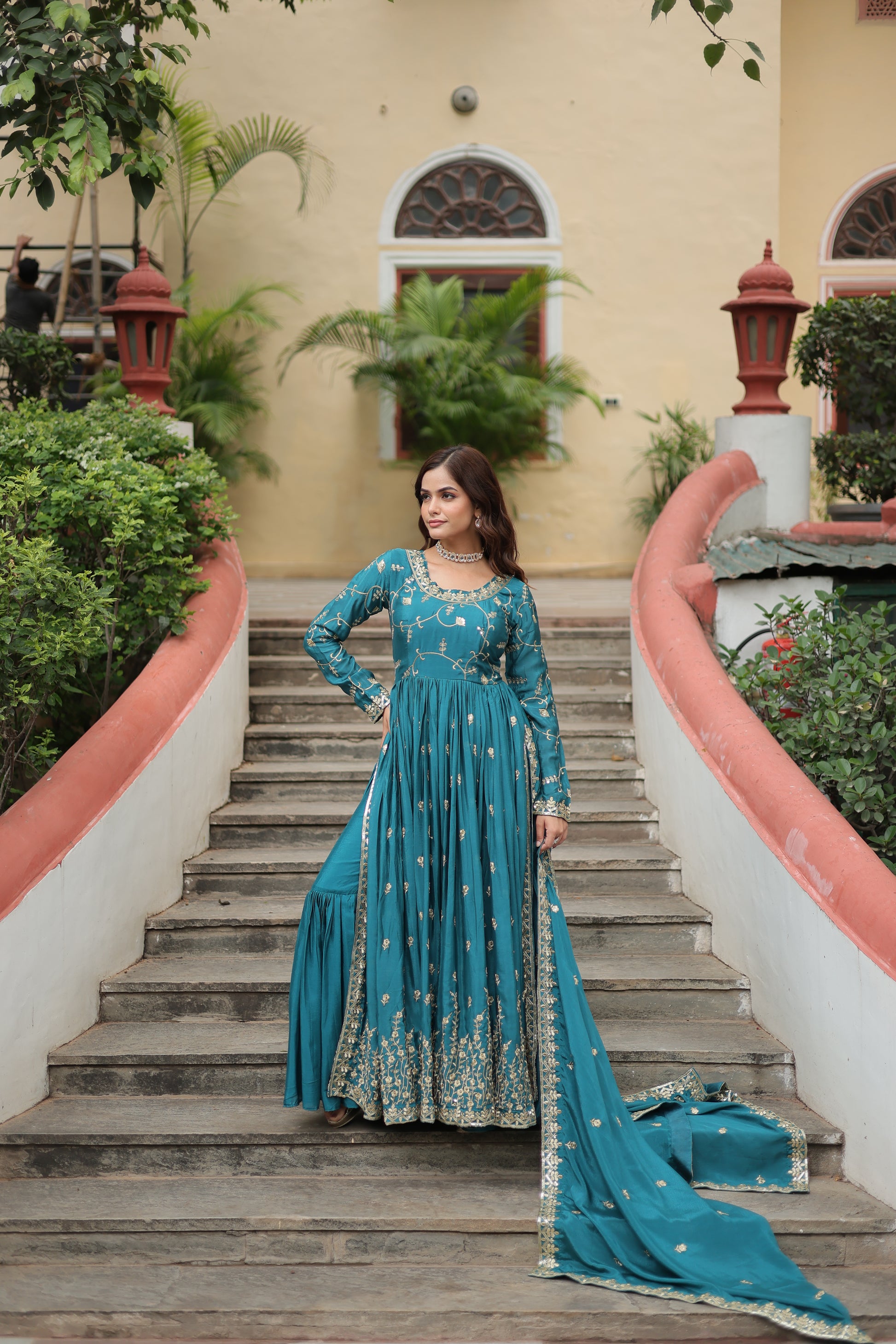 Women Chinon Teal Blue Sequence embroidery work Kurta Set