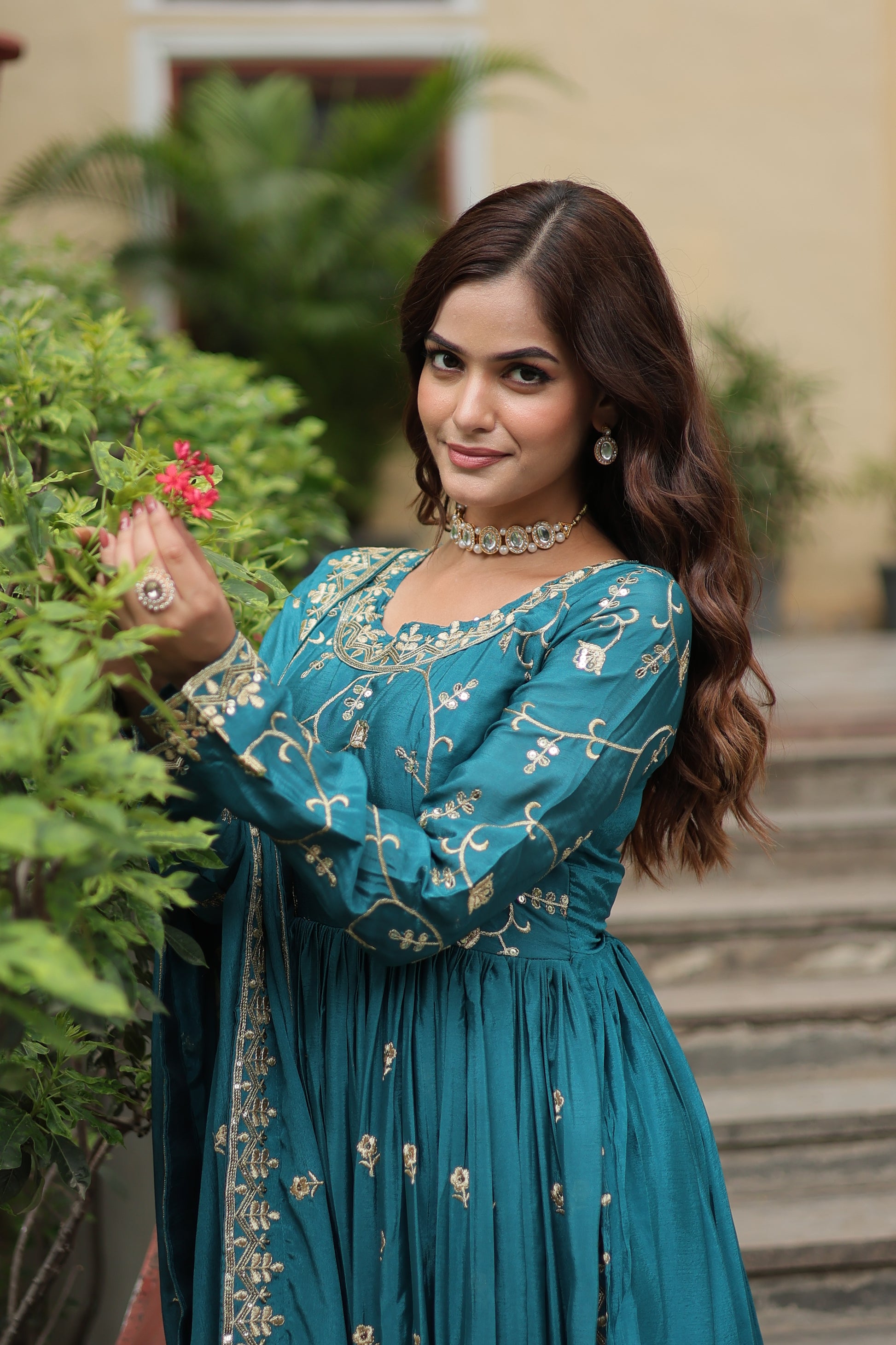 Women Chinon Teal Blue Sequence embroidery work Kurta Set