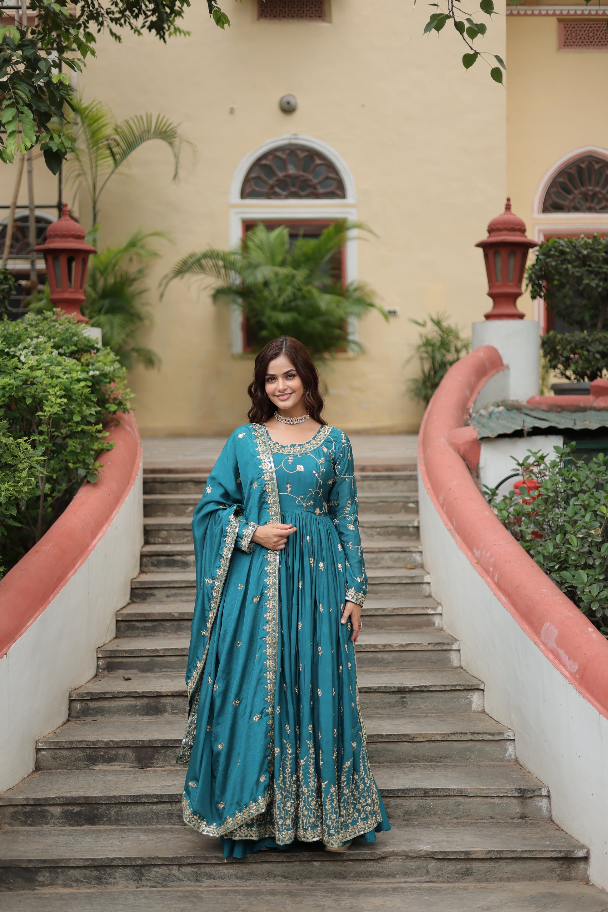 Women Chinon Teal Blue Sequence embroidery work Kurta Set