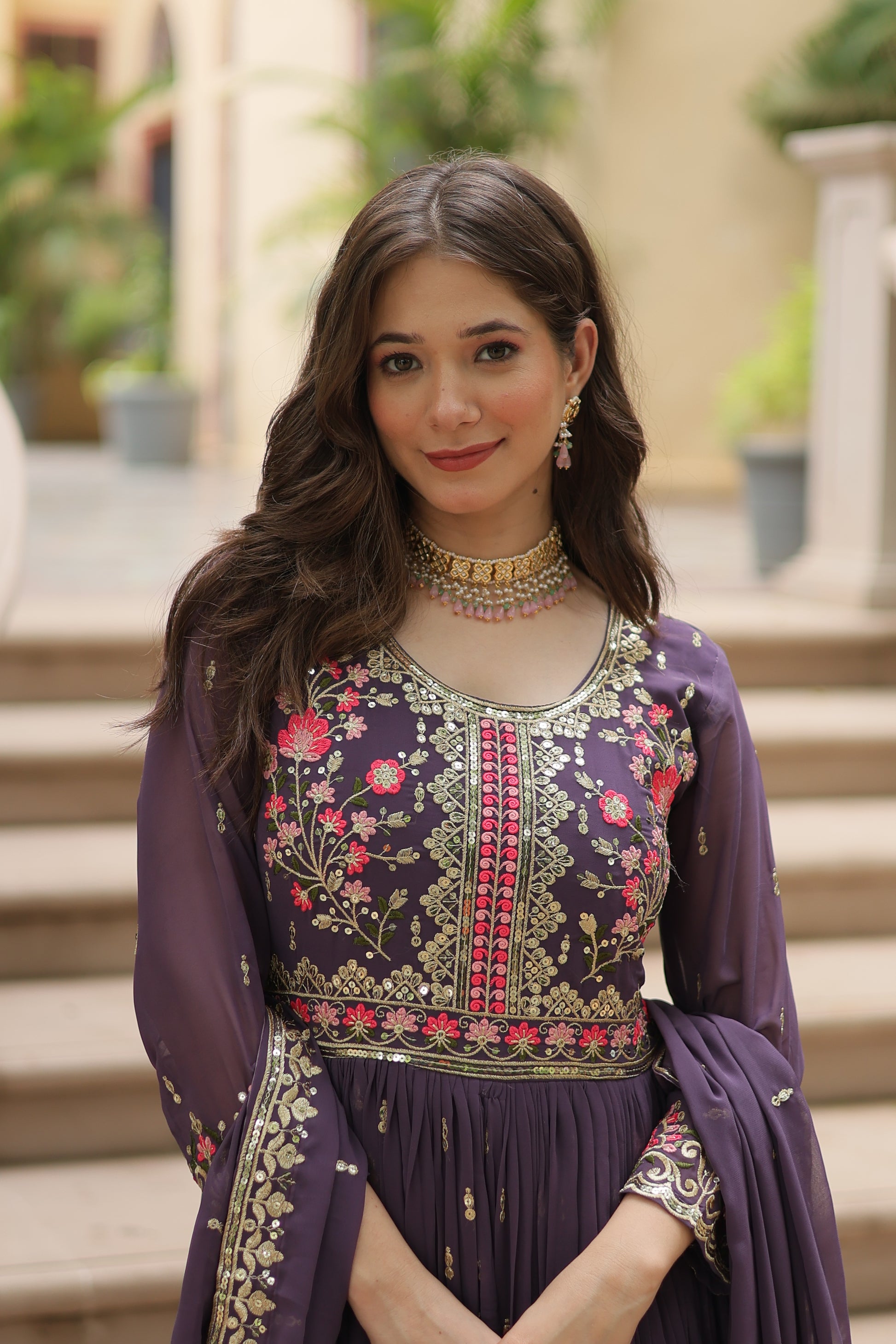 Women Georgette Coffee Sequence embroidery work Kurta Set