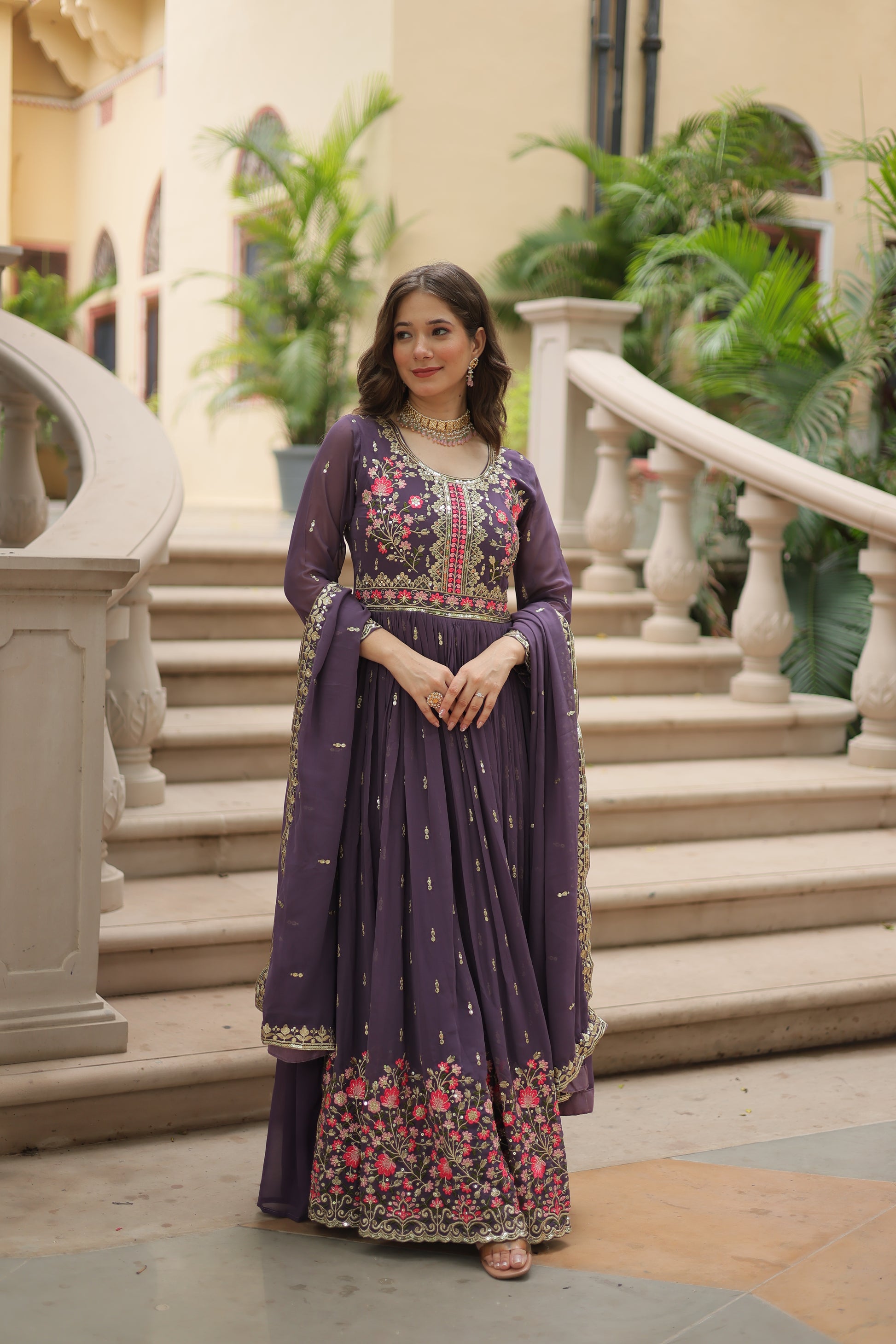 Women Georgette Coffee Sequence embroidery work Kurta Set