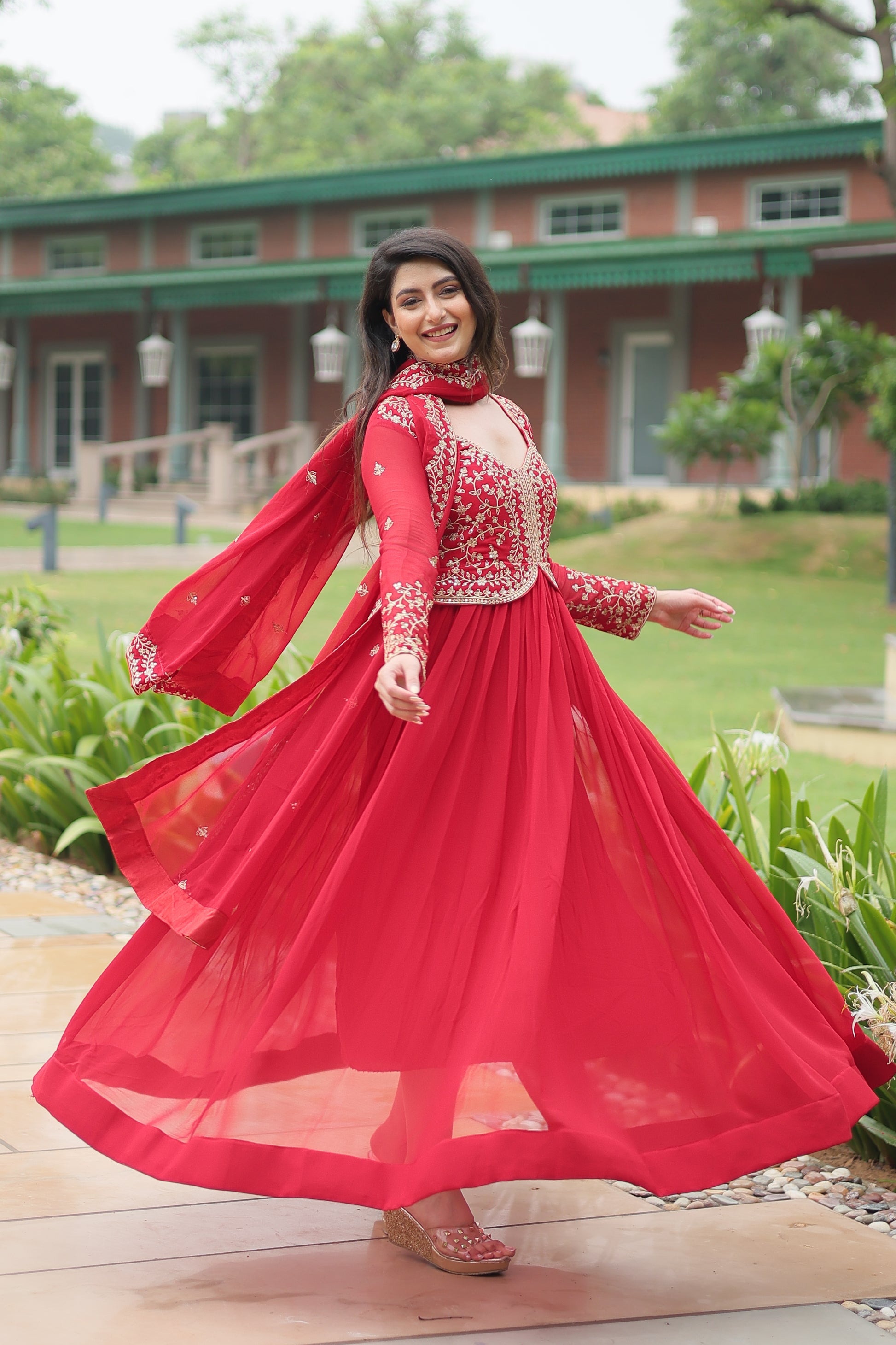 Women Georgette Red Sequence embroidery work Kurta Set