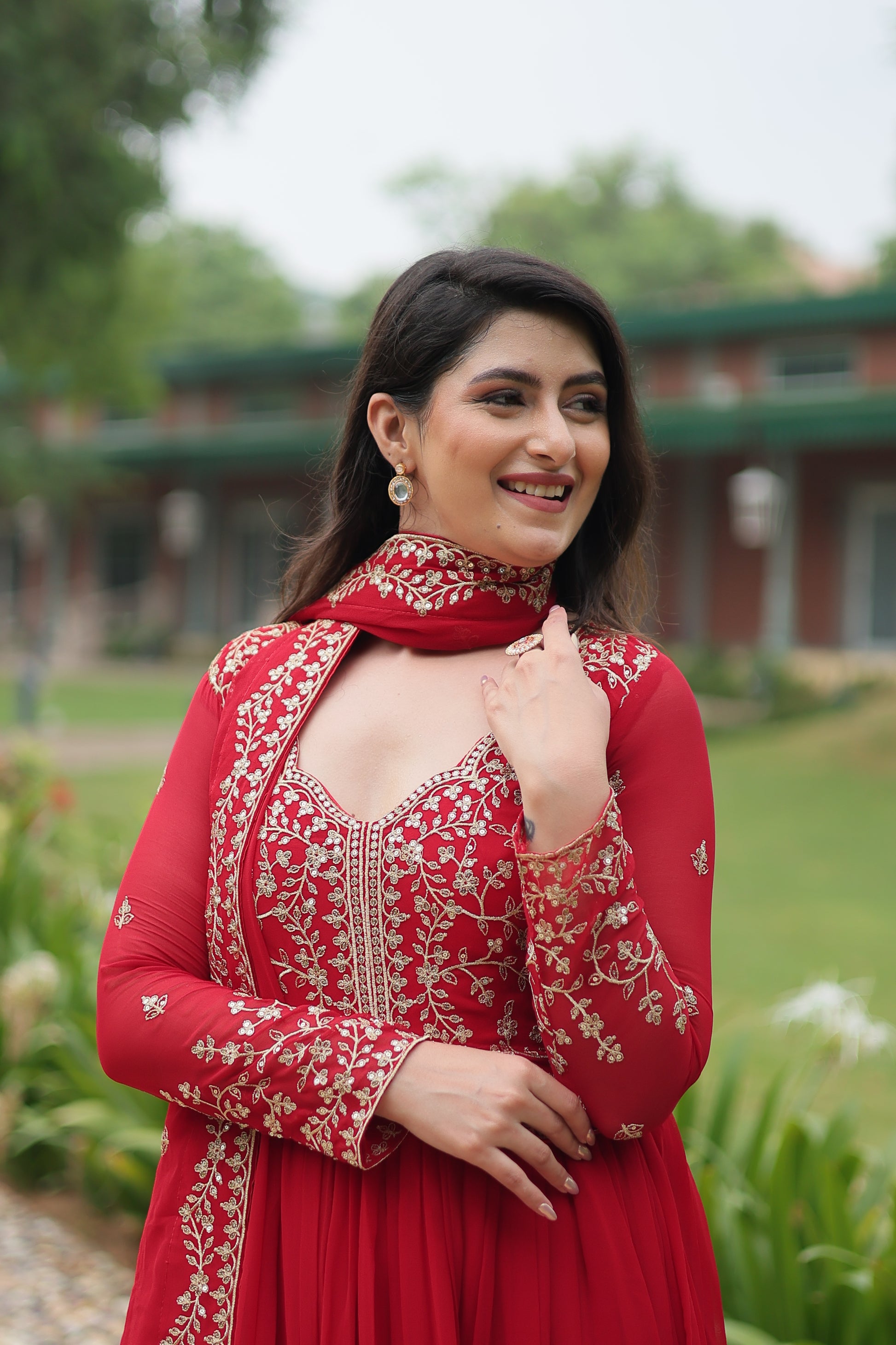 Women Georgette Red Sequence embroidery work Kurta Set