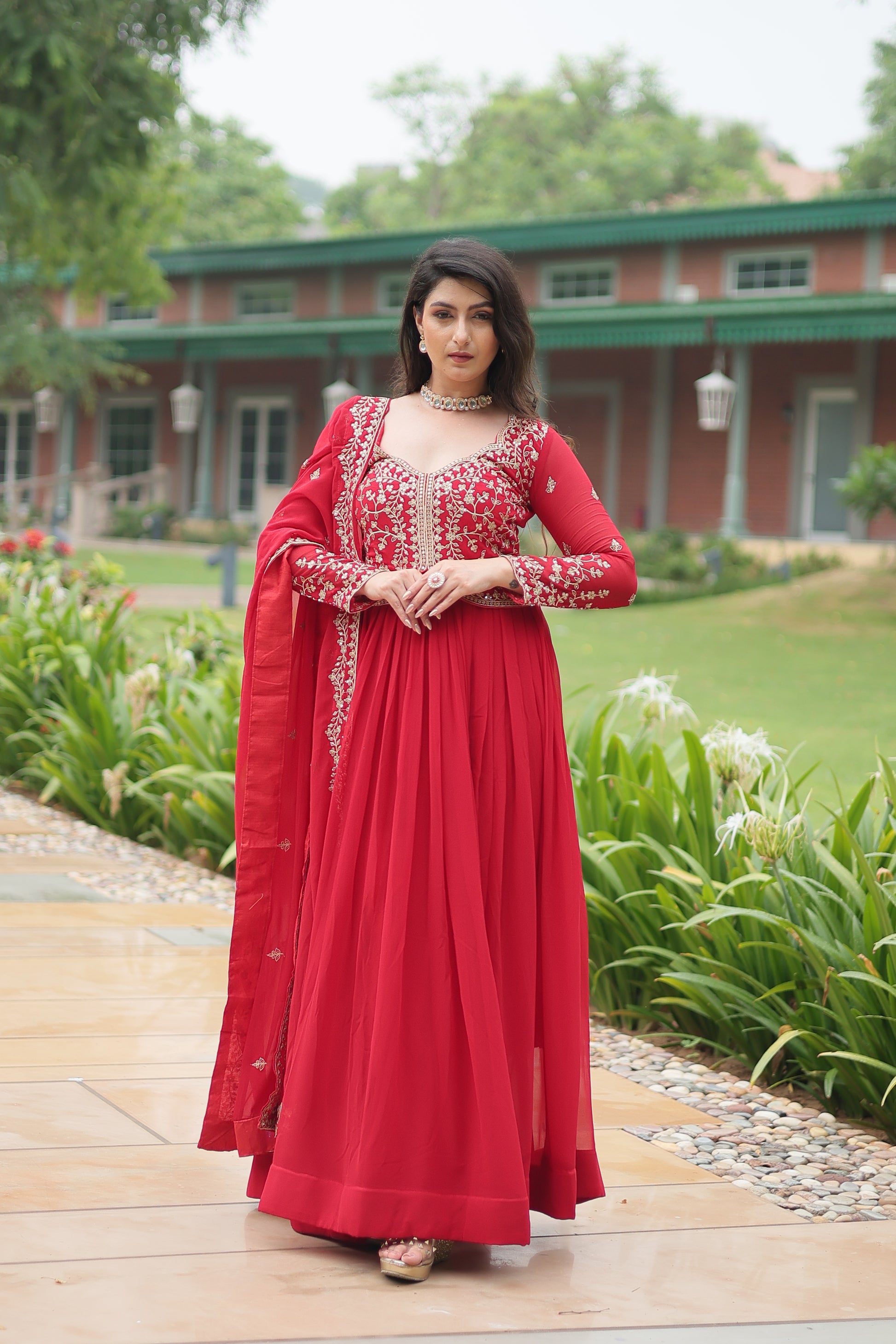 Women Georgette Red Sequence embroidery work Kurta Set