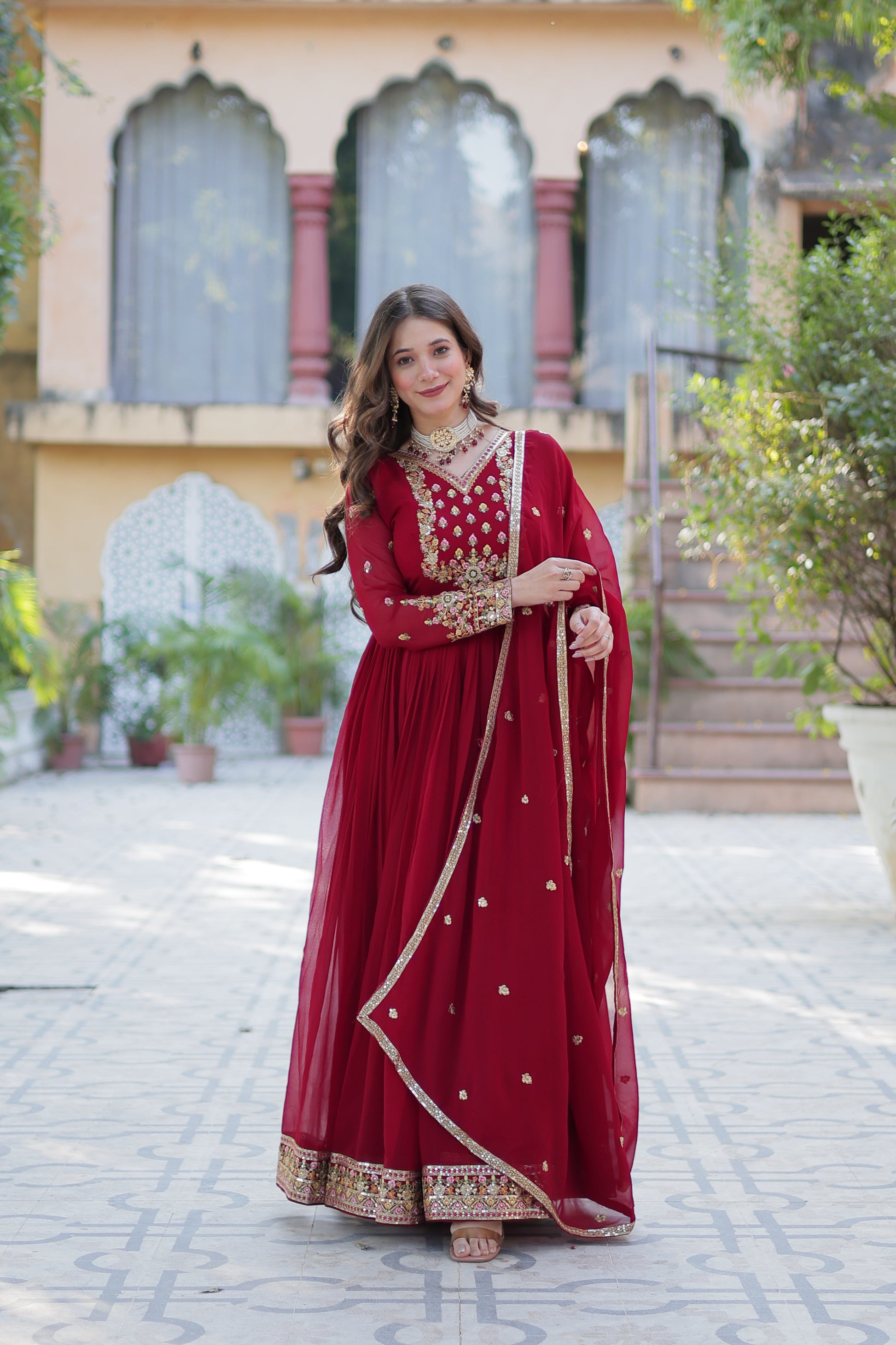 Women Georgette Maroon Sequence embroidery work Kurta Set