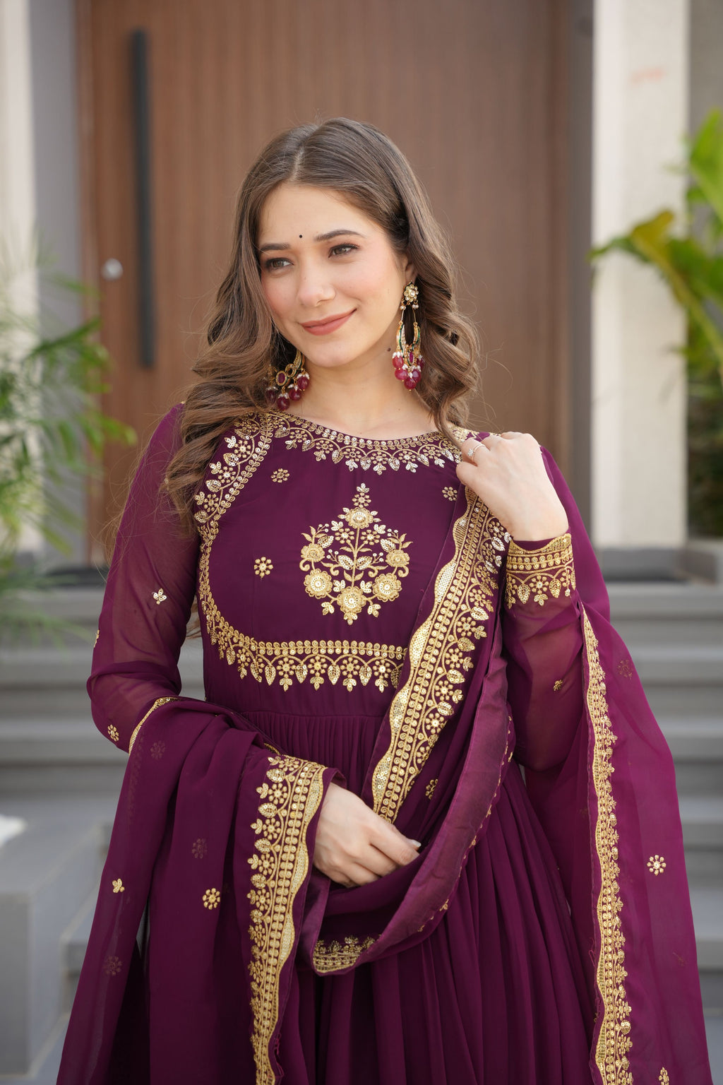 Women Georgette Wine Sequence embroidery work Kurta Set