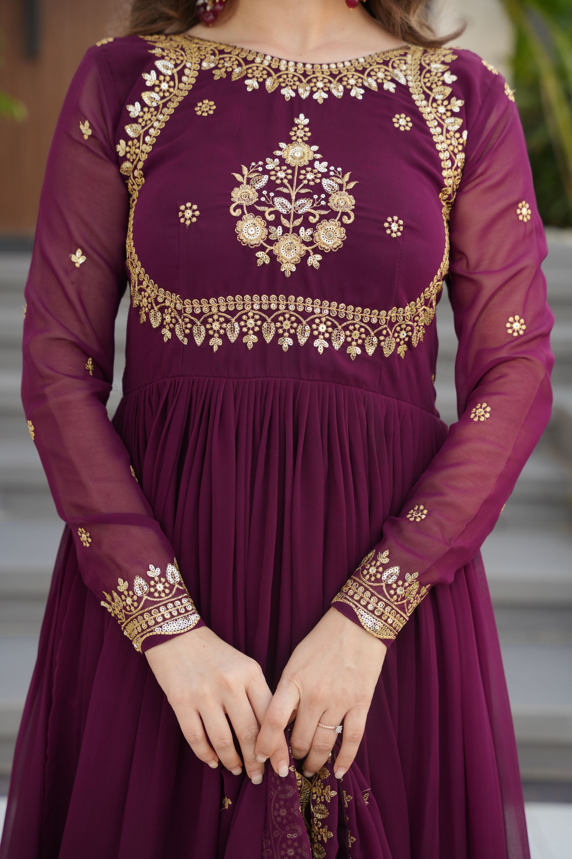 Women Georgette Wine Sequence embroidery work Kurta Set