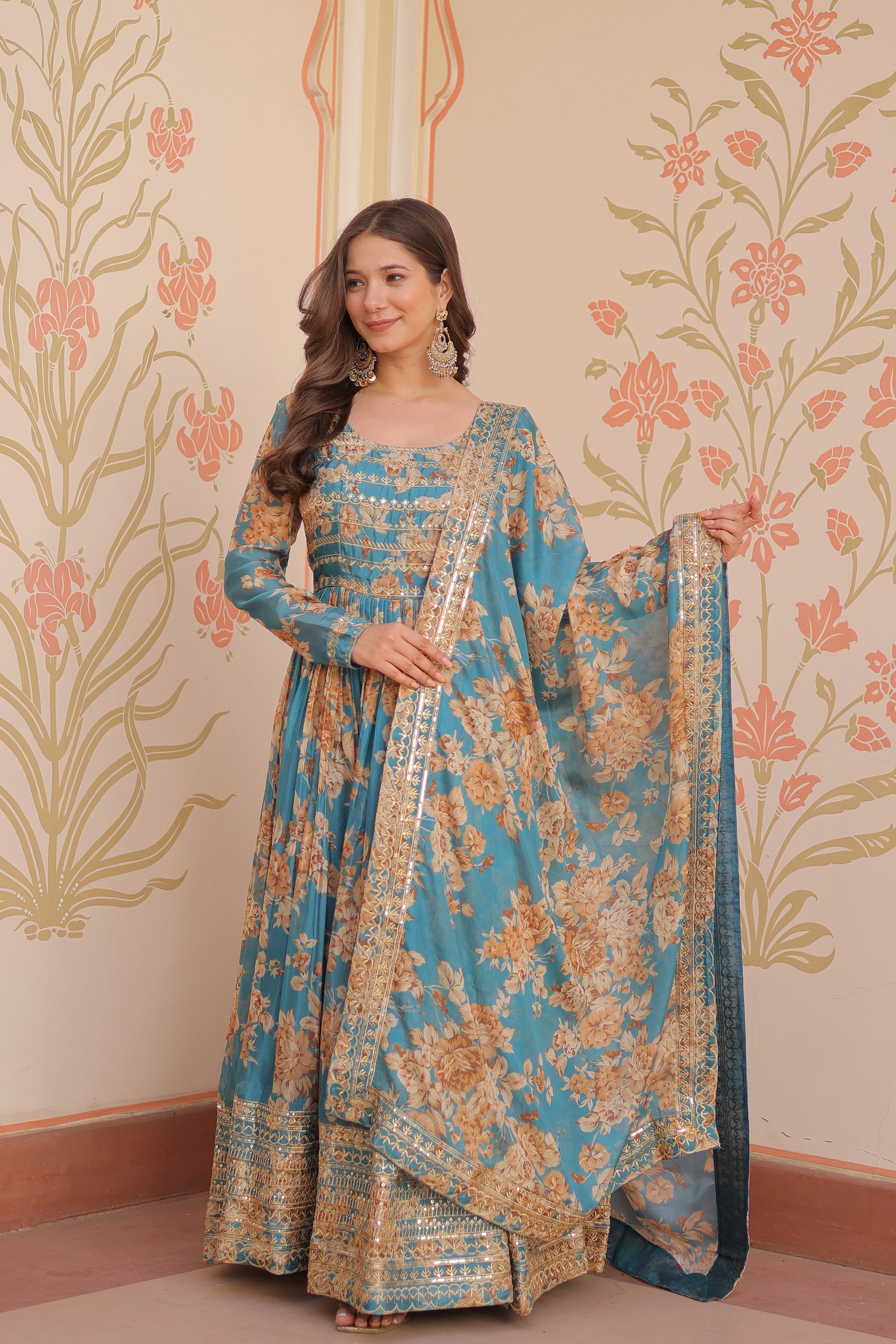 Women Sky blue Silk Sequence embroidery work Kurta Set
