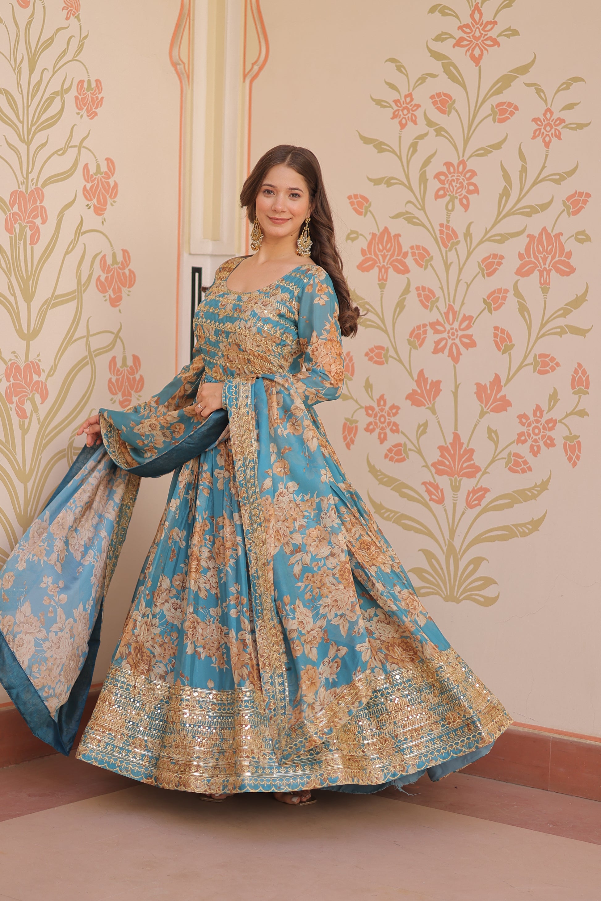 Women Sky blue Silk Sequence embroidery work Kurta Set