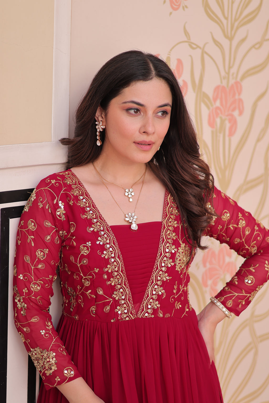 Women Georgette Red Sequence embroidery work Dress
