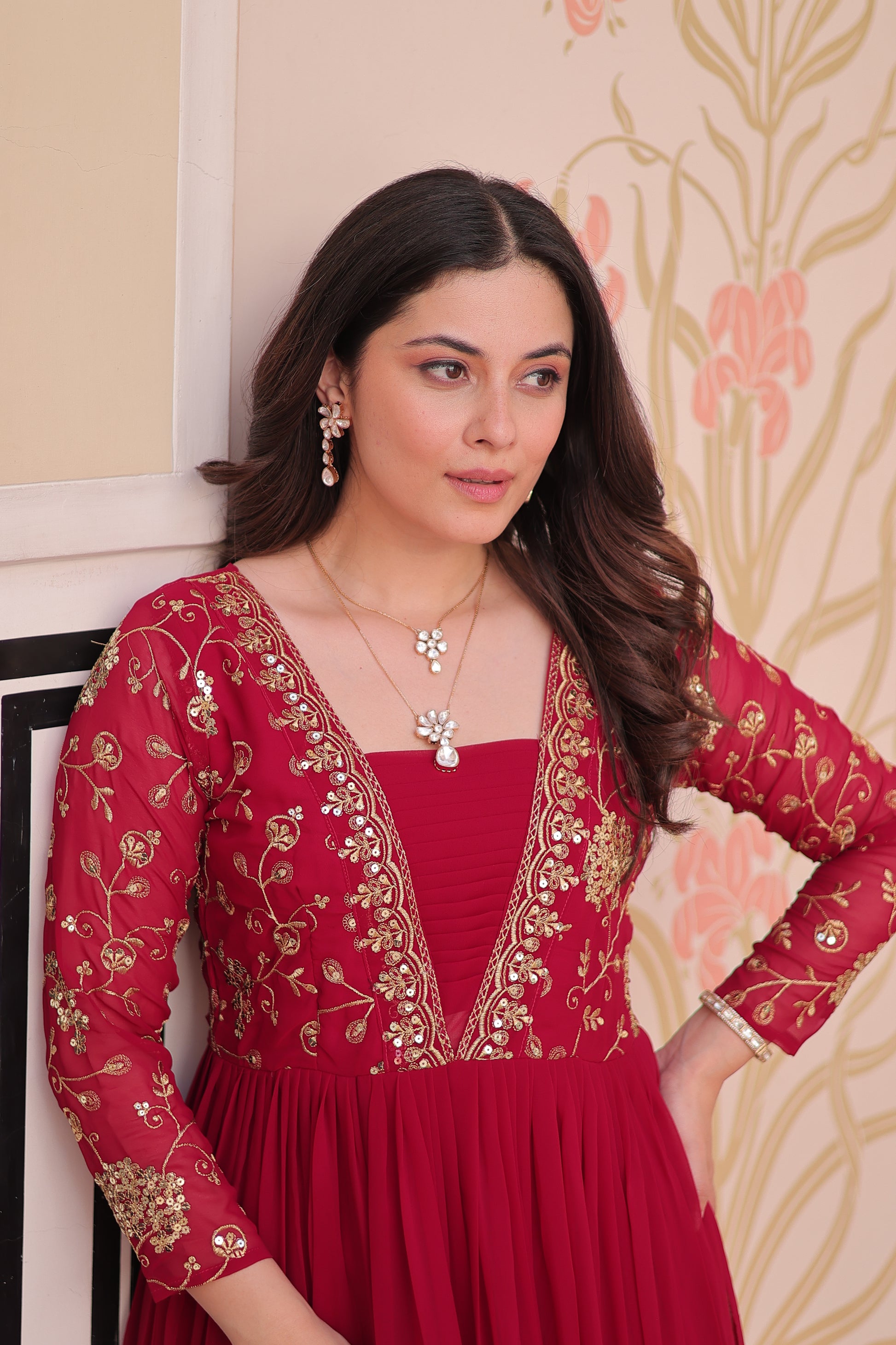 Women Georgette Red Sequence embroidery work Dress