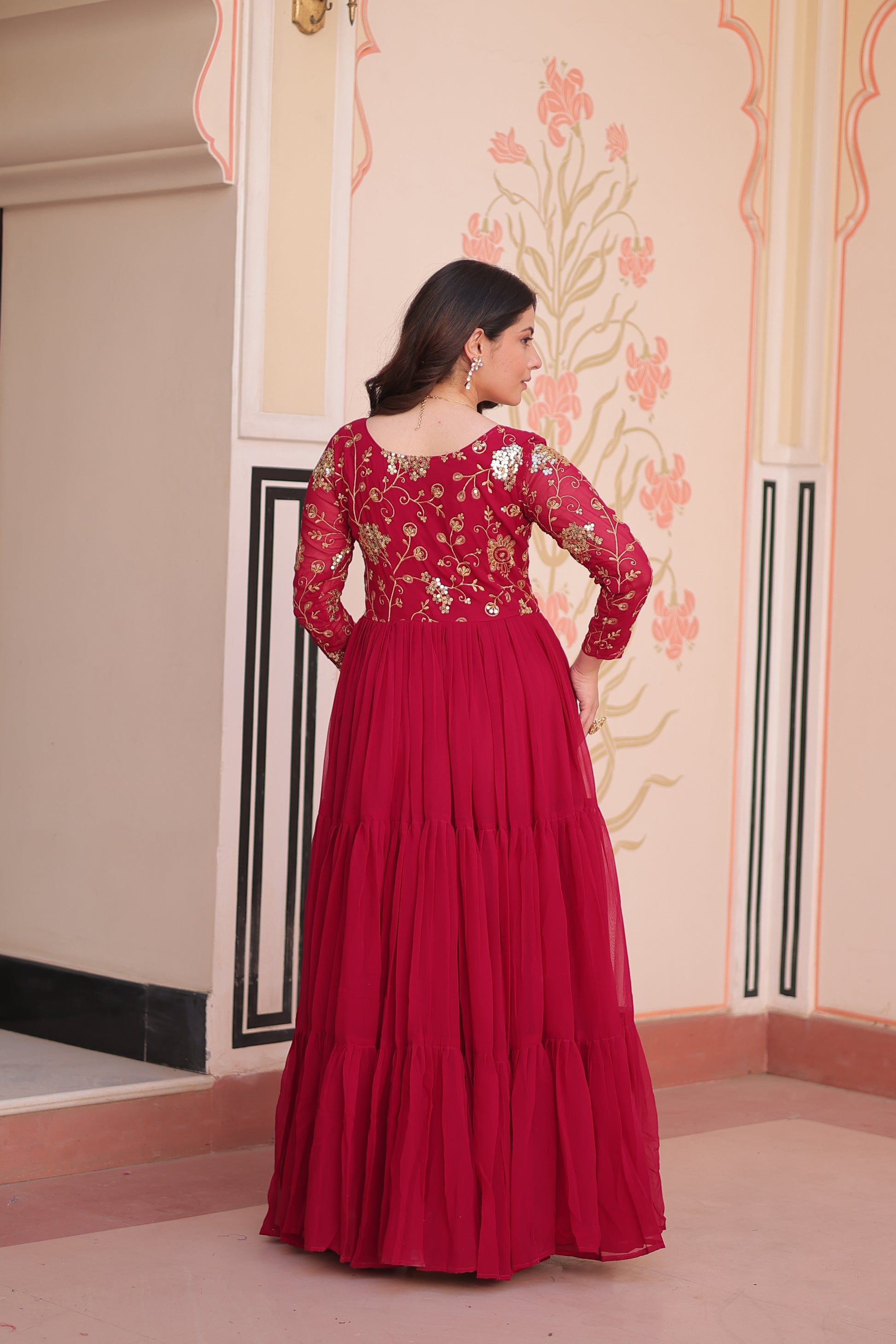 Women Georgette Red Sequence embroidery work Dress