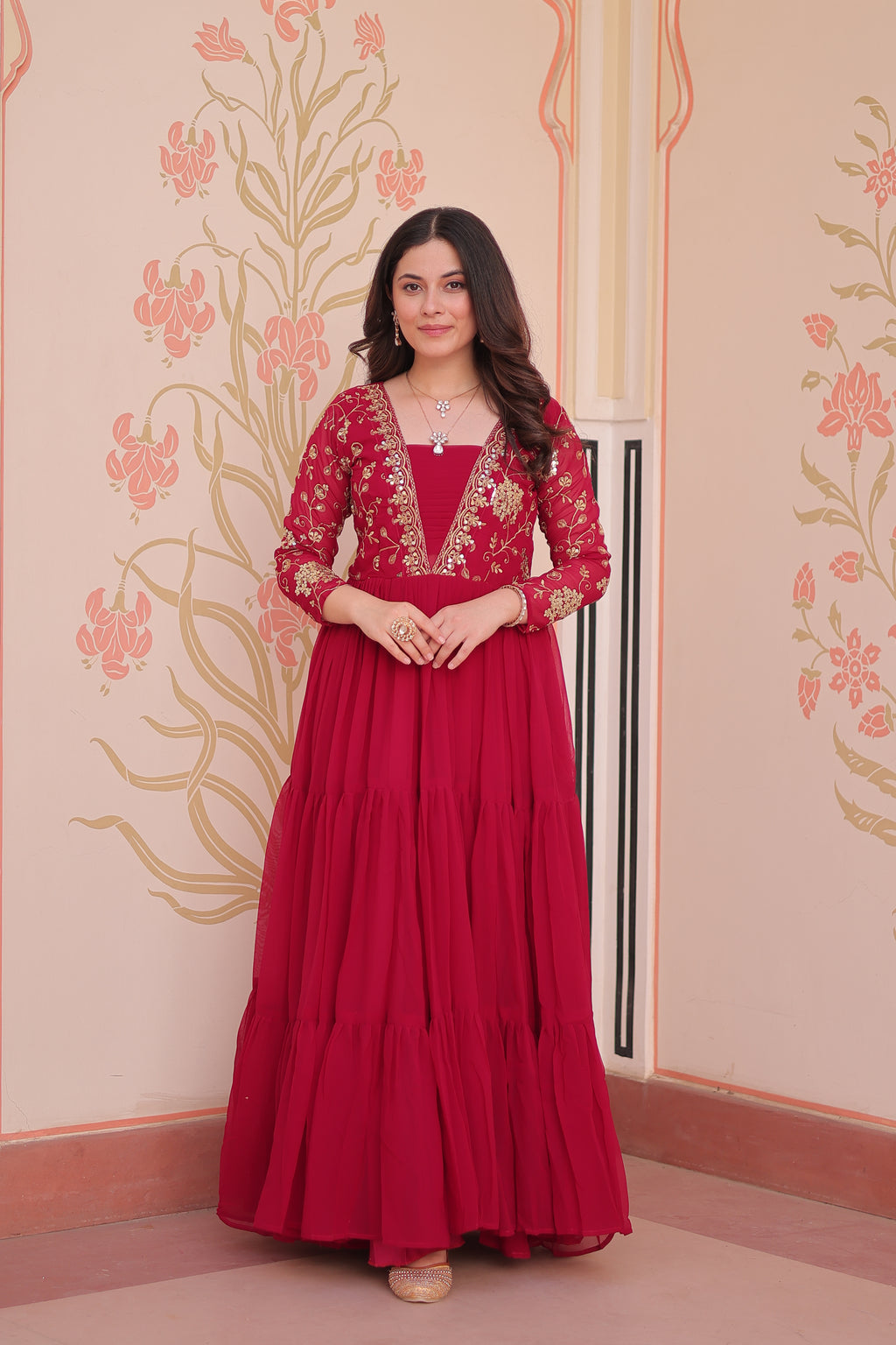 Women Georgette Red Sequence embroidery work Dress