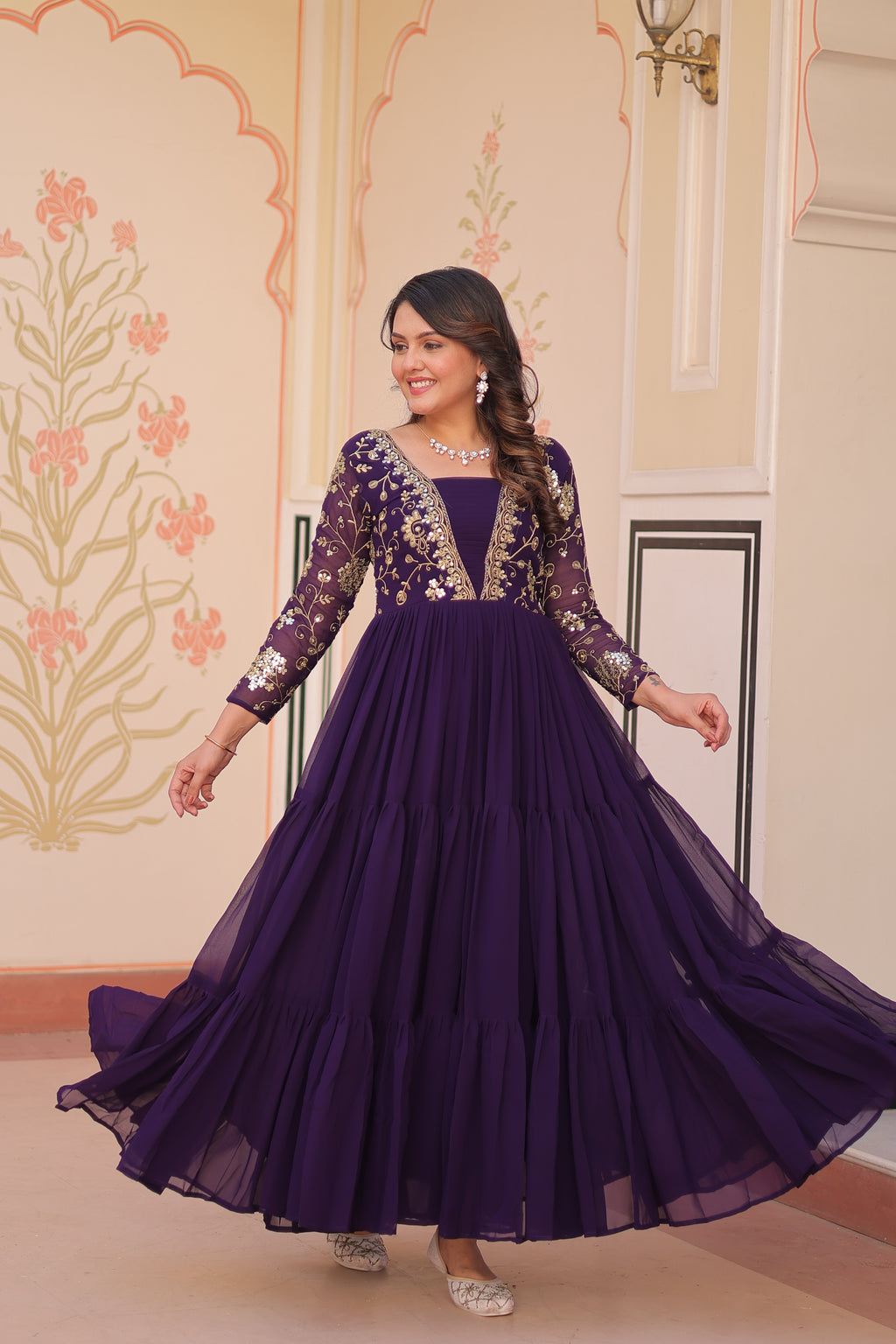 Women Georgette Purple Sequence embroidery work Dress