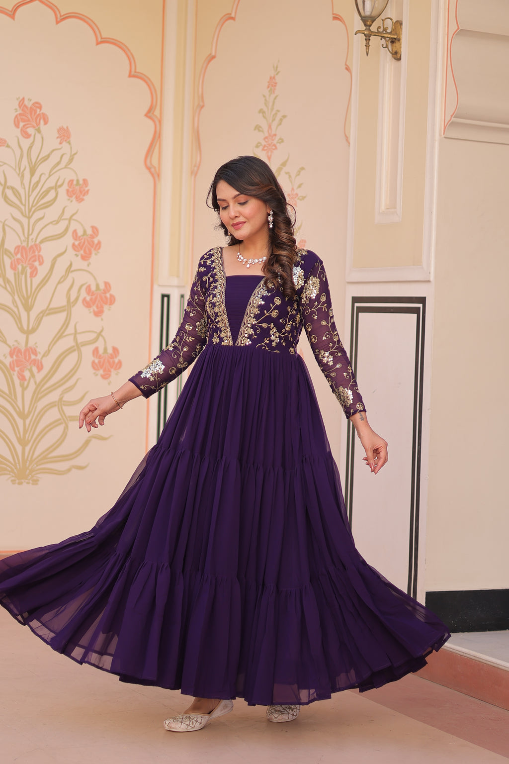 Women Georgette Purple Sequence embroidery work Dress