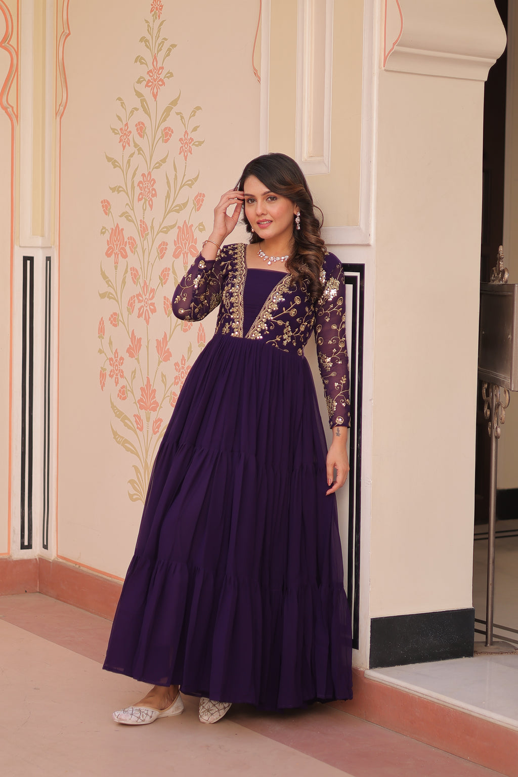 Women Georgette Purple Sequence embroidery work Dress
