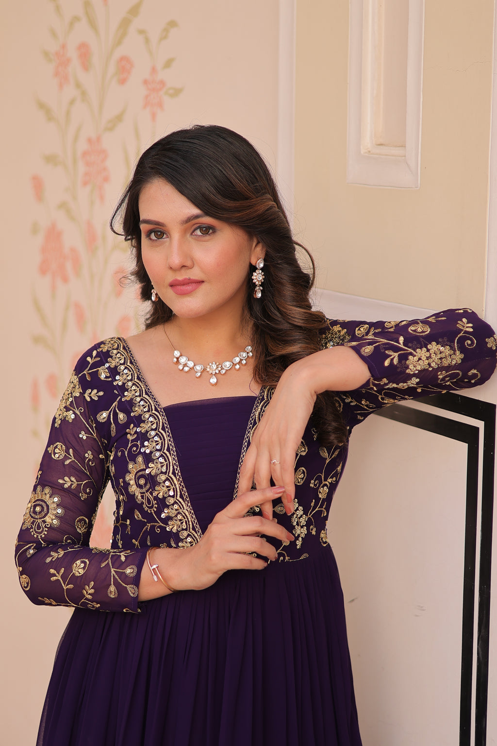 Women Georgette Purple Sequence embroidery work Dress