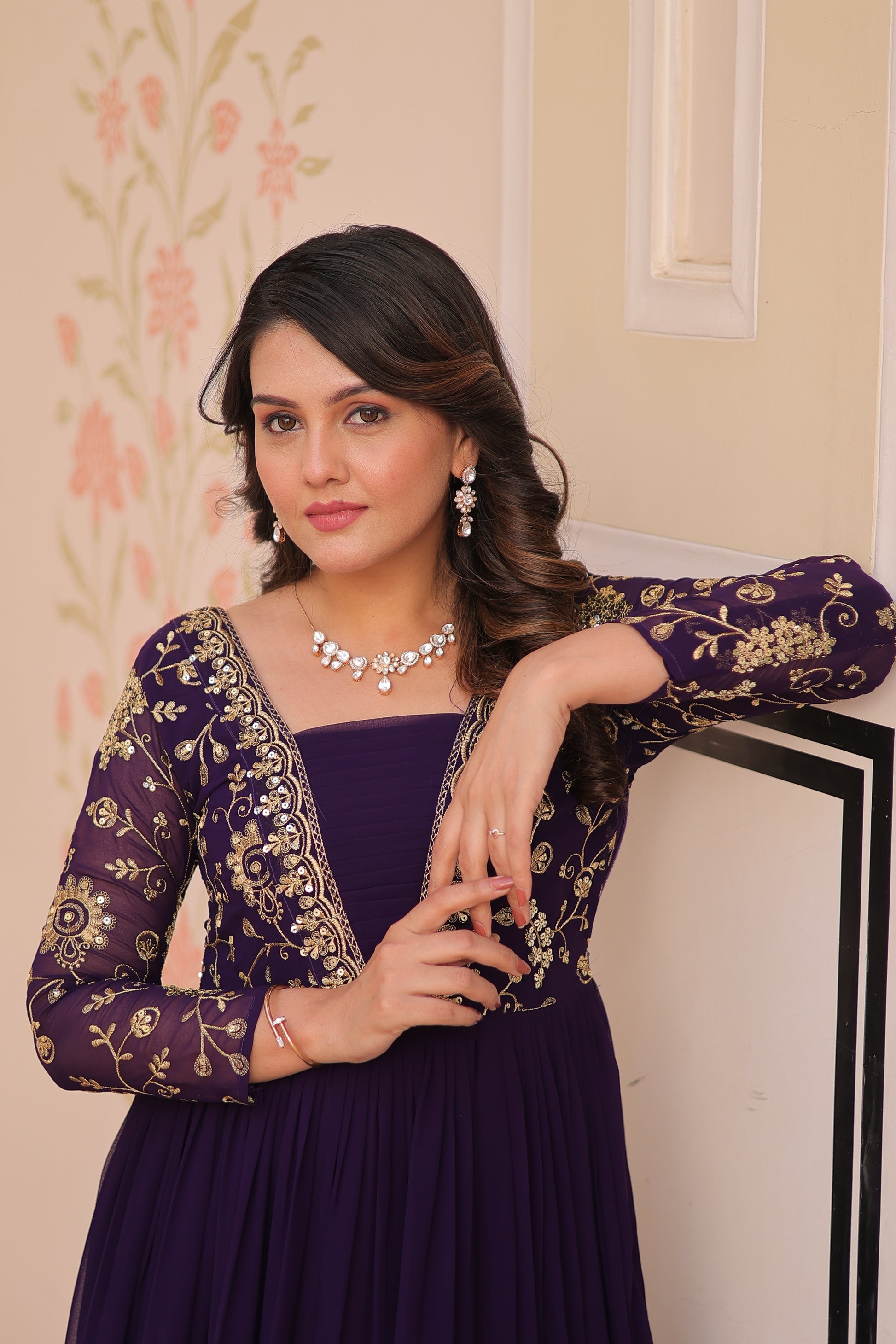 Women Georgette Purple Sequence embroidery work Dress