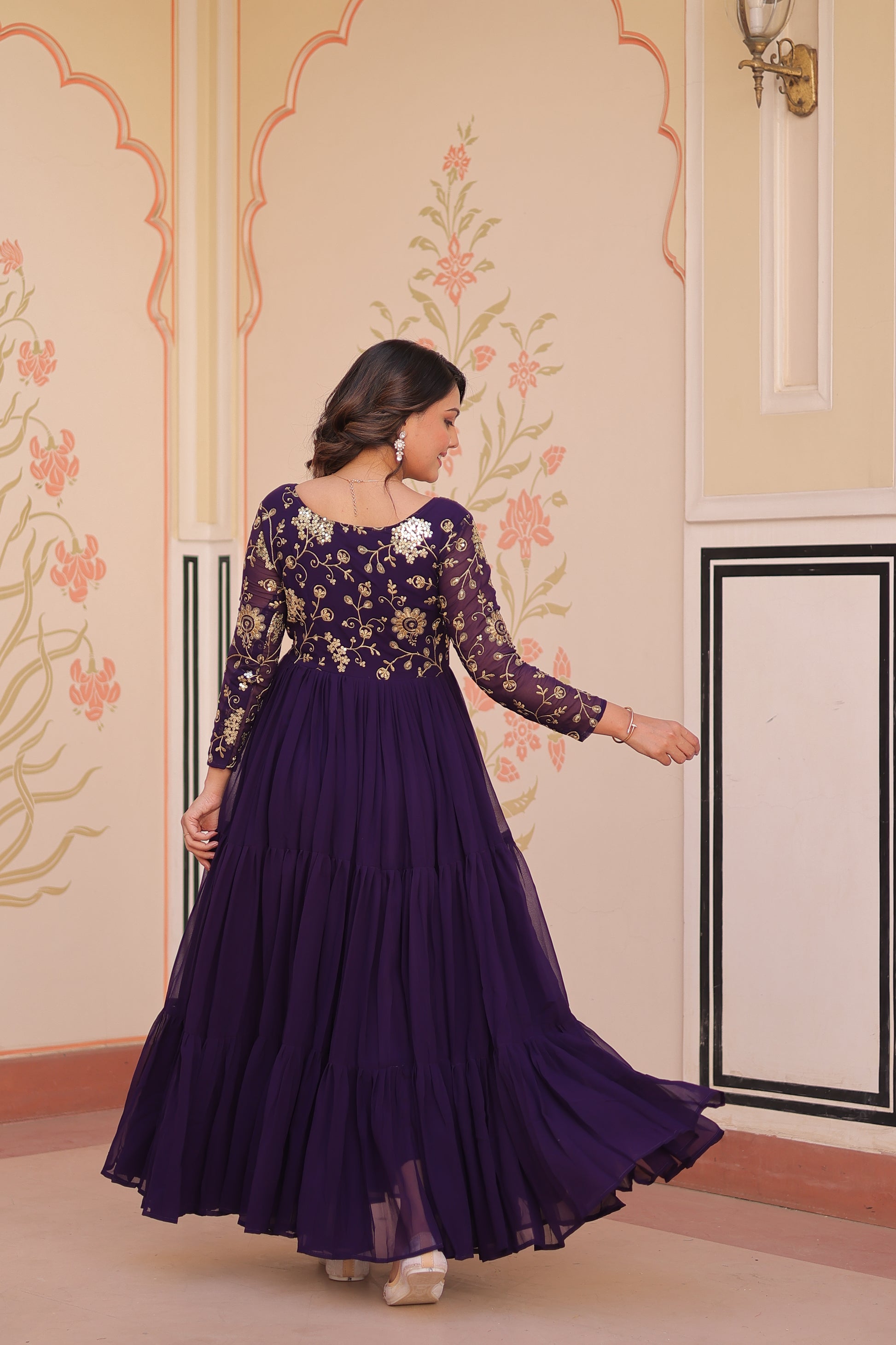 Women Georgette Purple Sequence embroidery work Dress