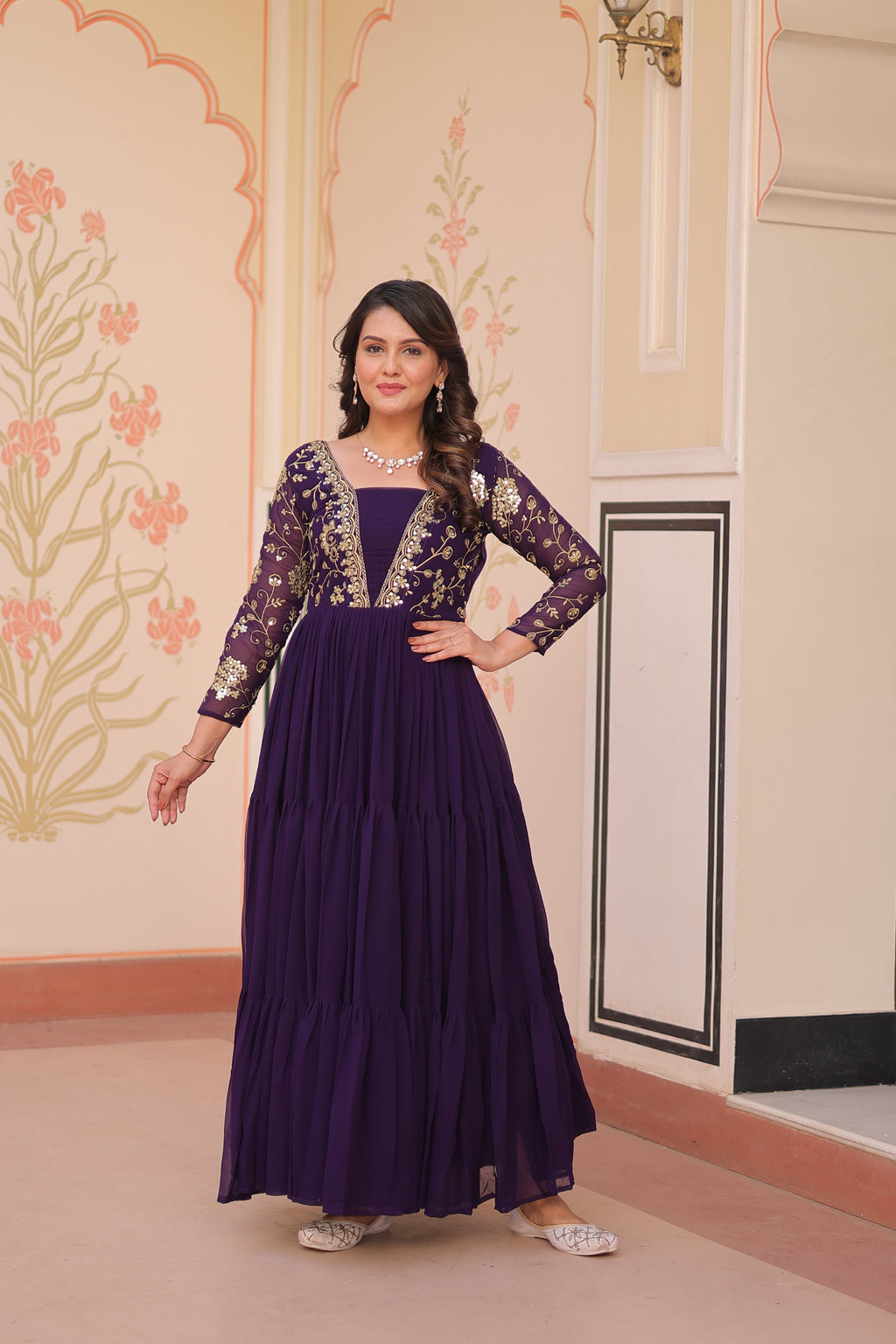 Women Georgette Purple Sequence embroidery work Dress