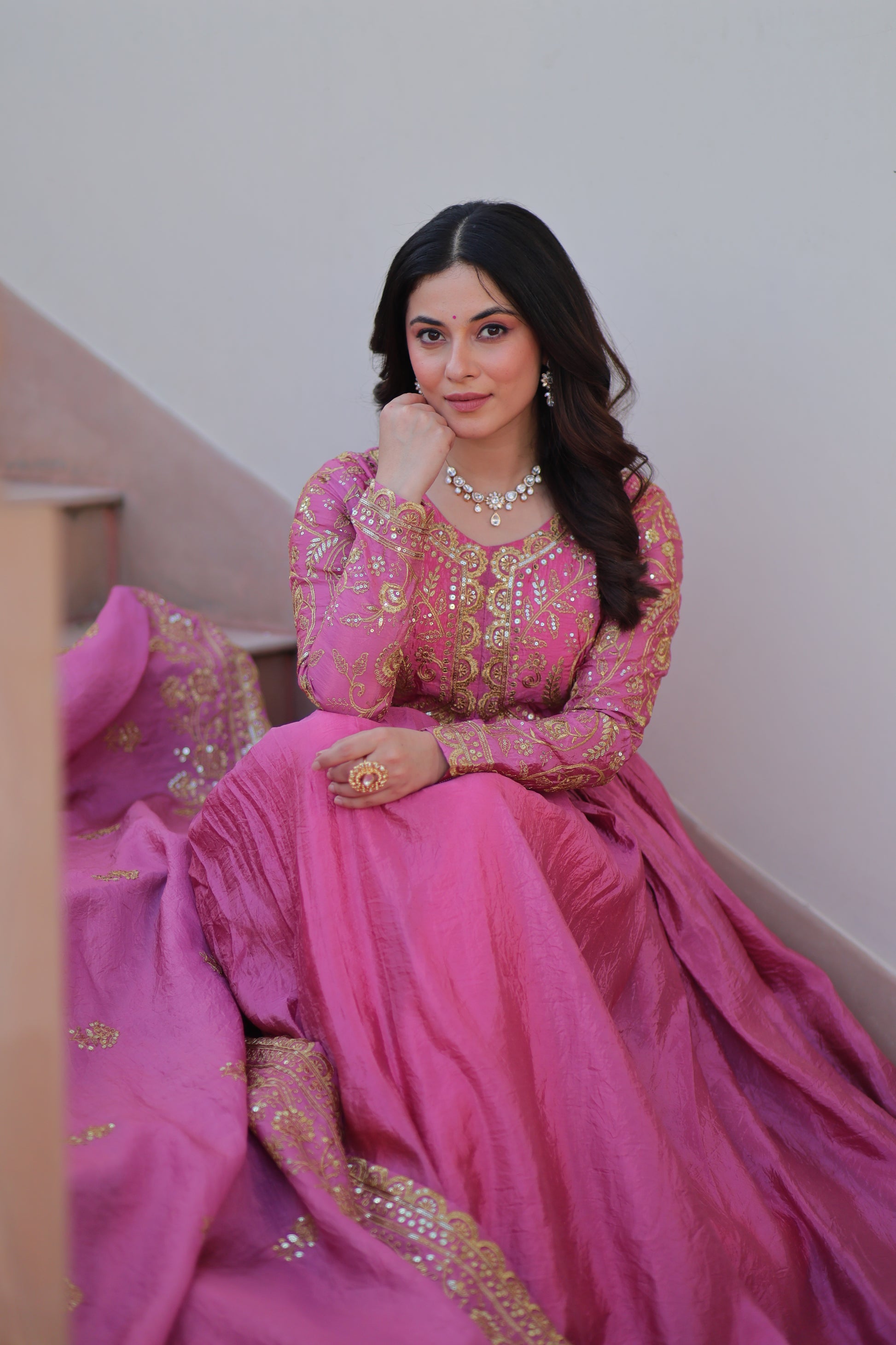 Women Crush Pink Sequence embroidery work Kurta Set