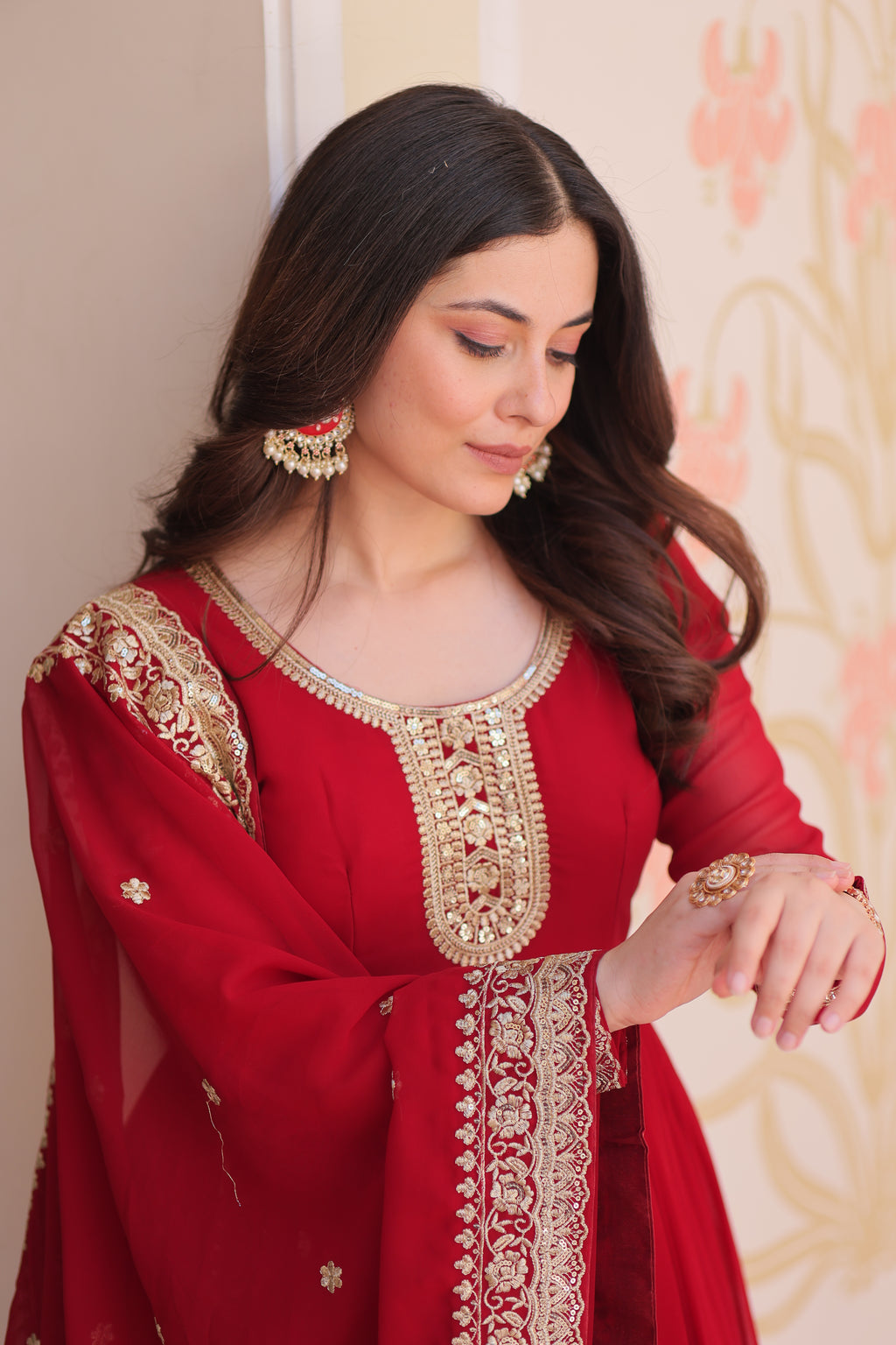 Women Georgette Maroon Sequence embroidery work Kurta Set