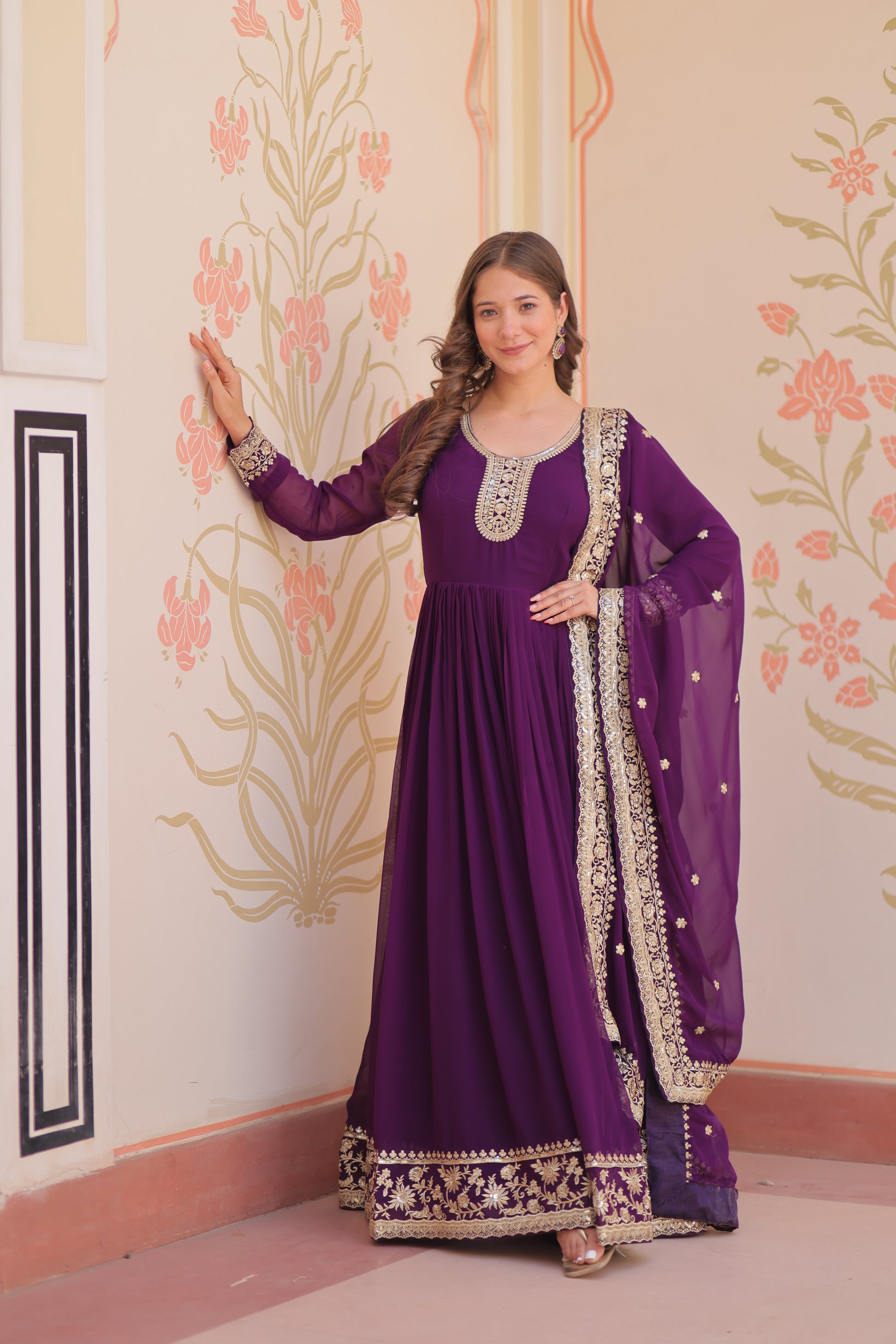 Women Georgette Purple Sequence embroidery work Kurta Set