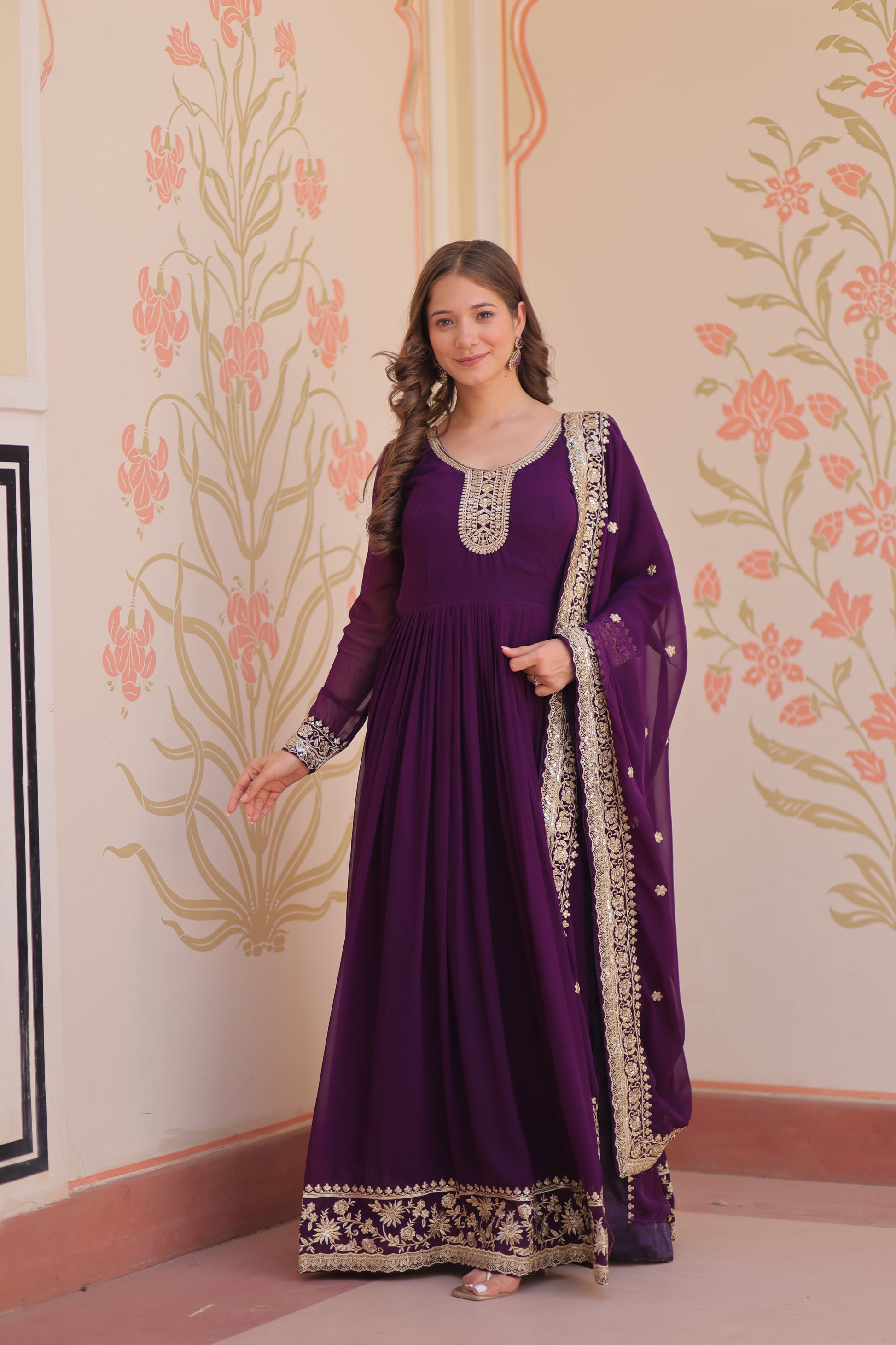 Women Georgette Purple Sequence embroidery work Kurta Set