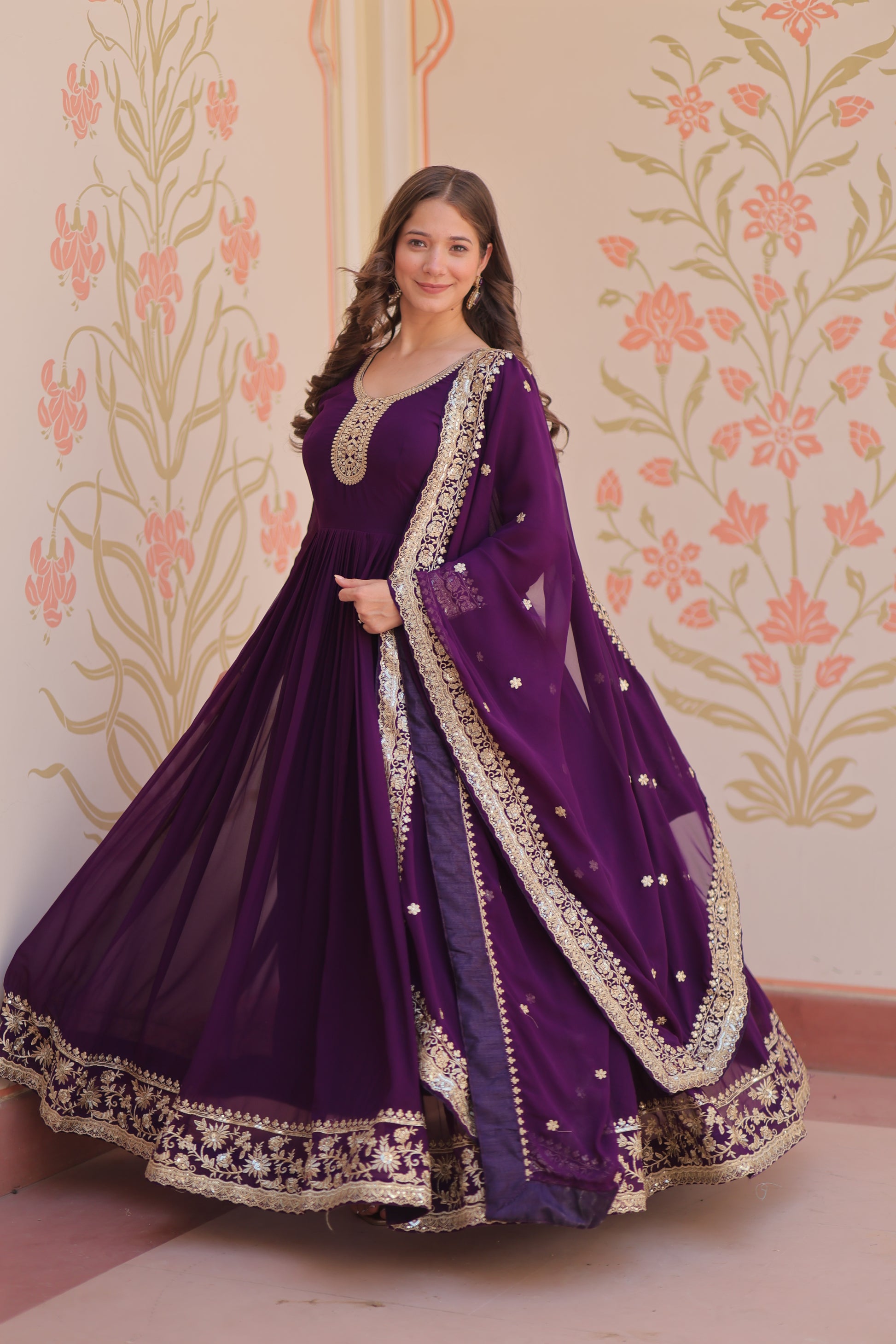 Women Georgette Purple Sequence embroidery work Kurta Set