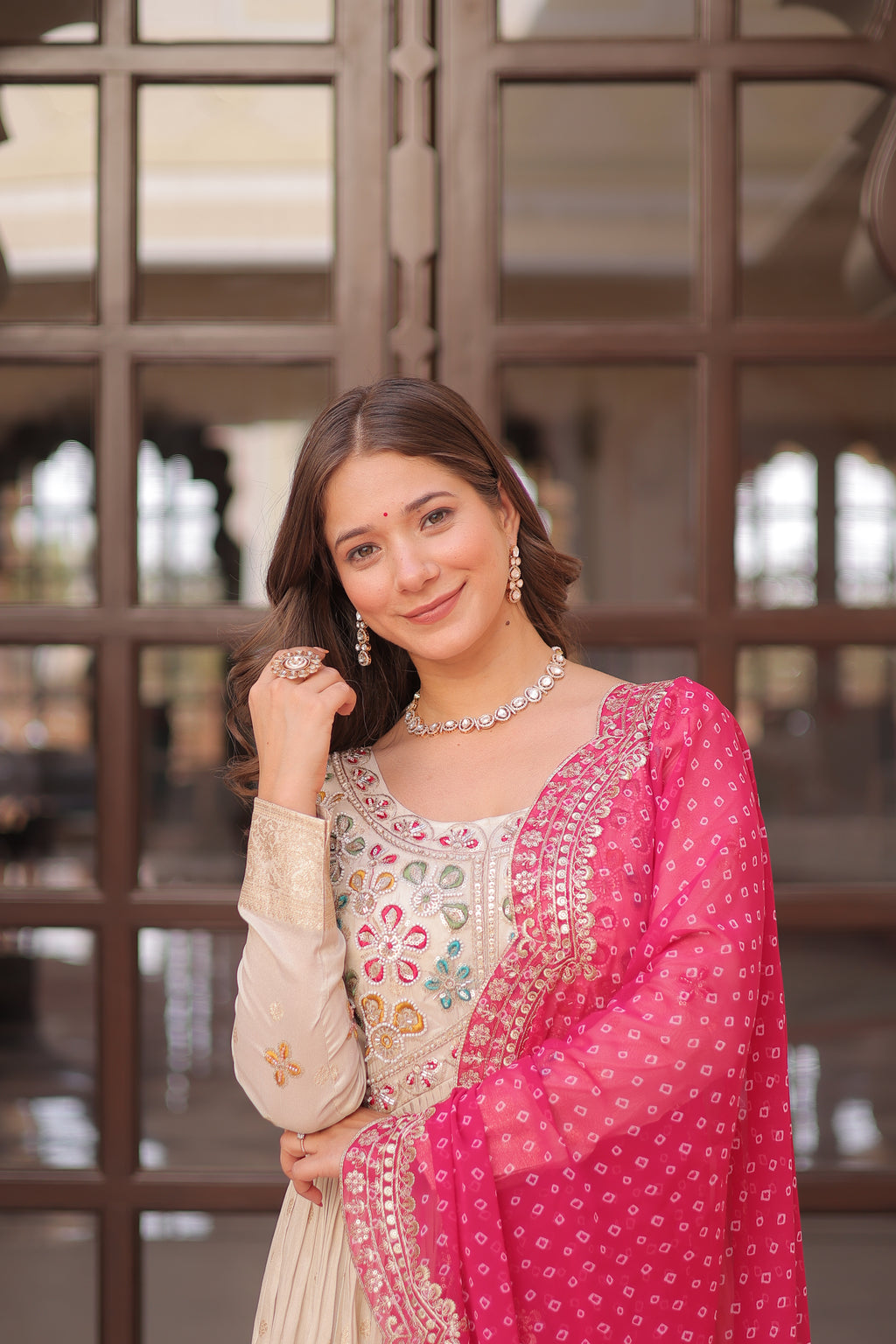 Women Jacquard Pink Sequence embroidery  work Kurta Set