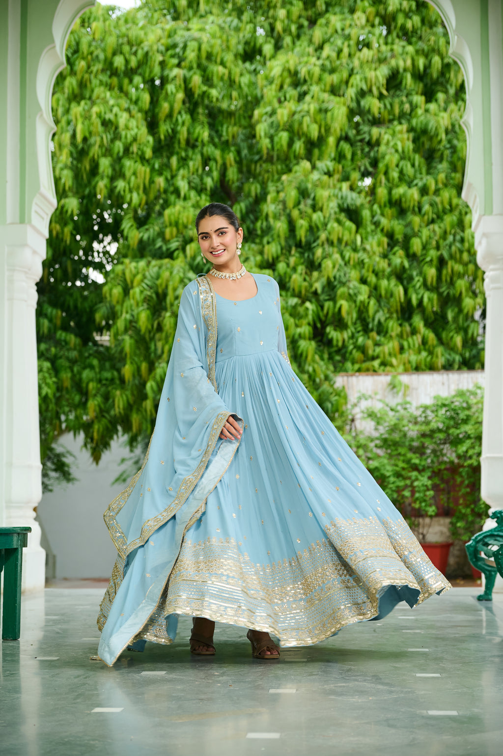 Women Georgette Sky blue Sequence embroidery work Kurta Set