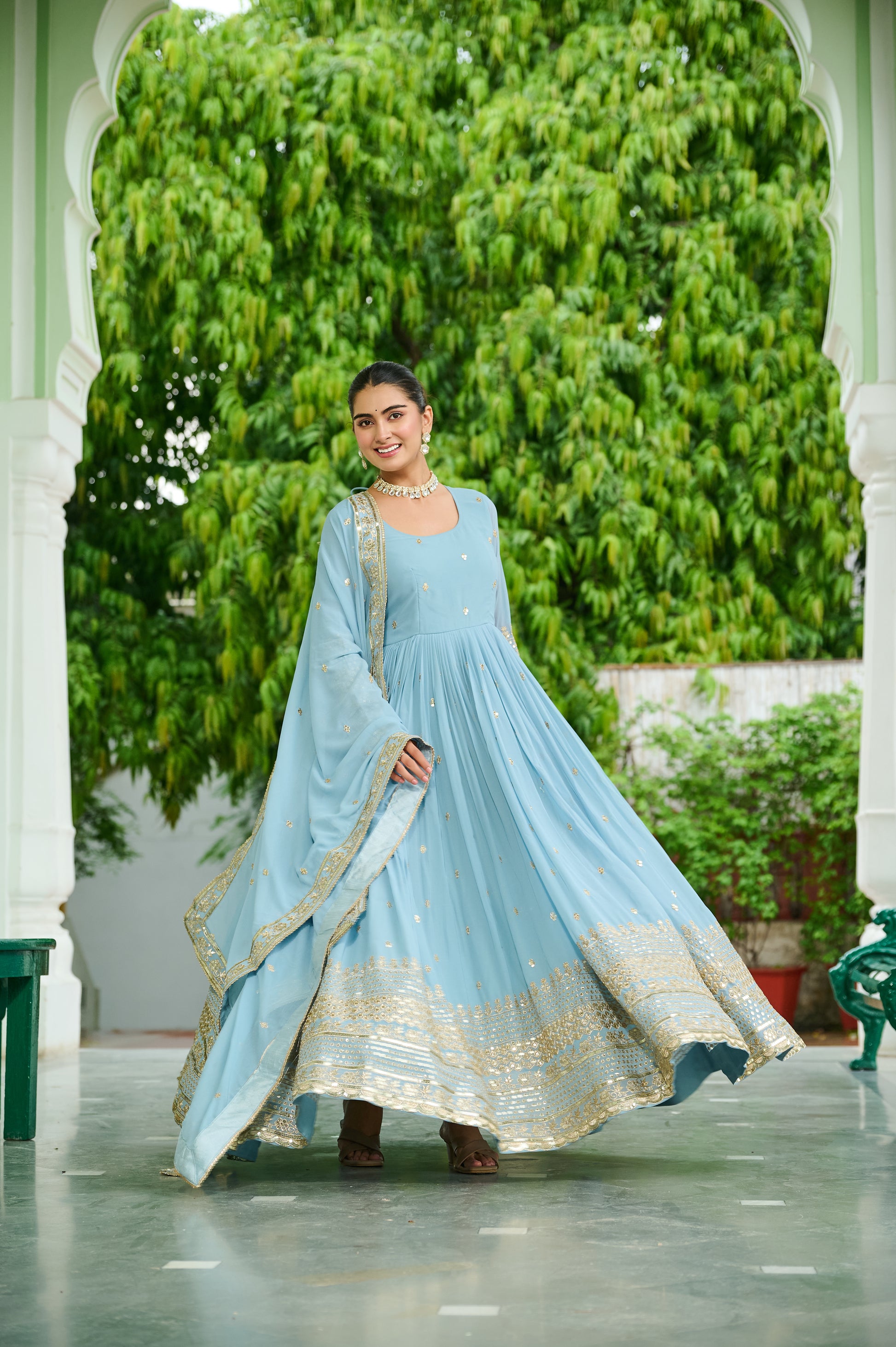 Women Georgette Sky blue Sequence embroidery work Kurta Set