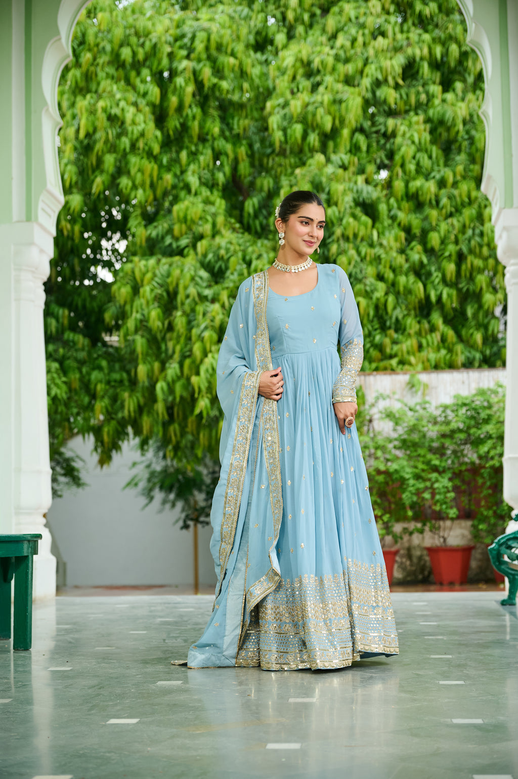 Women Georgette Sky blue Sequence embroidery work Kurta Set